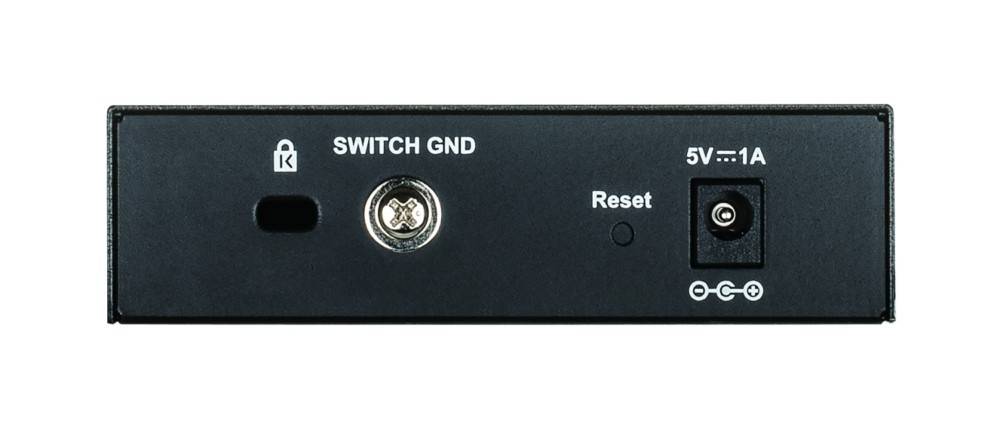 Frontplatte eines elektronischen Geräts mit Beschriftungen 'SWITCH GND' und 'Reset', mit einem sichtbaren 5V-Stromanschluss rechts.