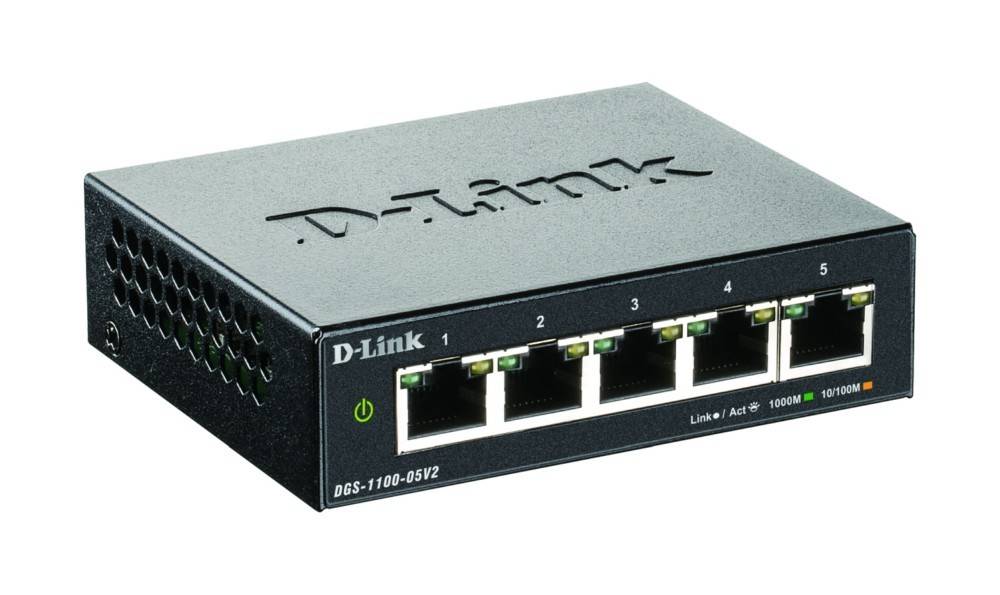 Ein schwarzer D-Link Netzwerk-Switch mit fünf Ethernet-Ports, die von 1 bis 5 gekennzeichnet sind, einem Netzschalter und Kontrollleuchten für den Verbindungsstatus.
