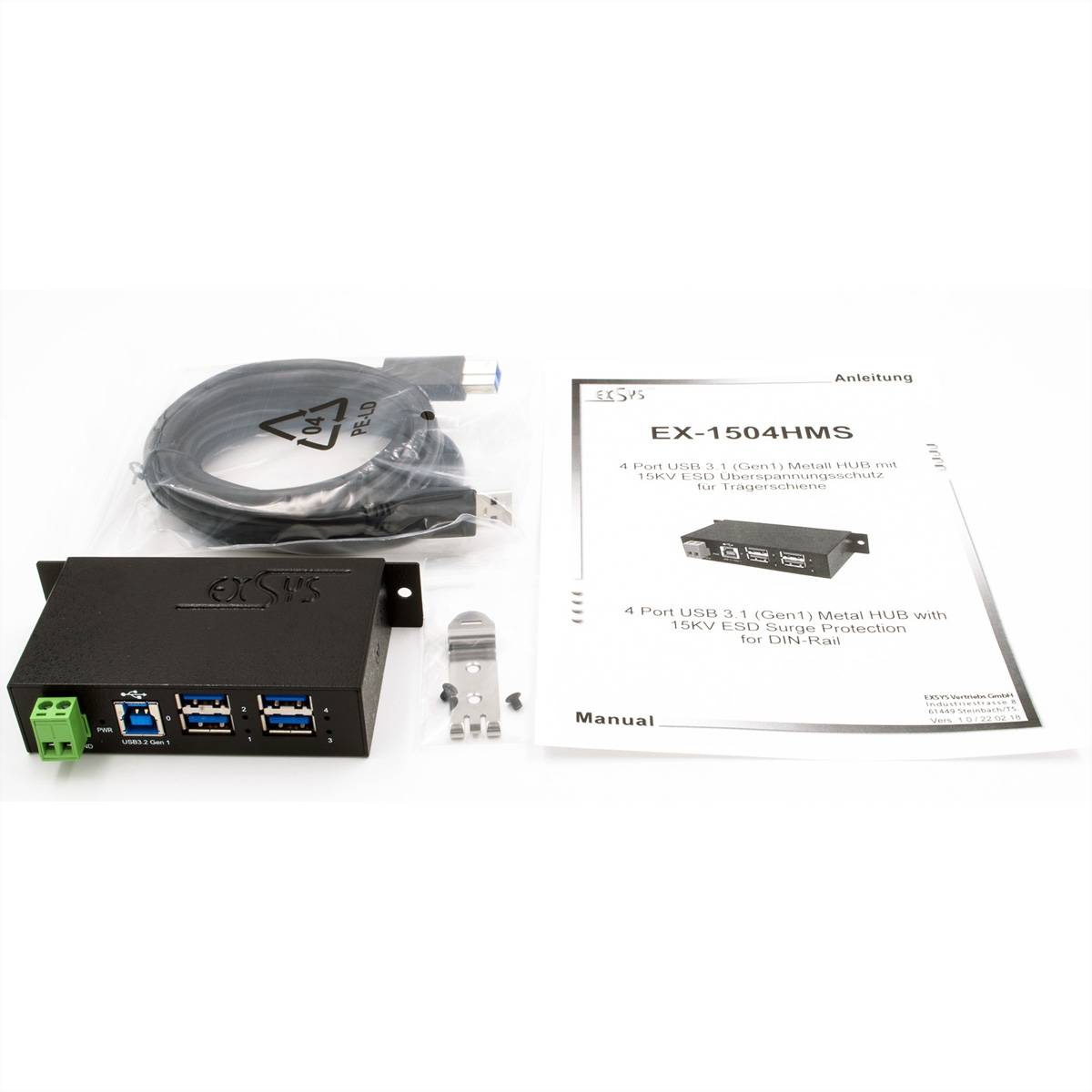 EXSYS EX-1504HMS 4 Port USB 3.2 Gen1 Managed Metall HUB mit 15KV EDS Überspannungsschutz