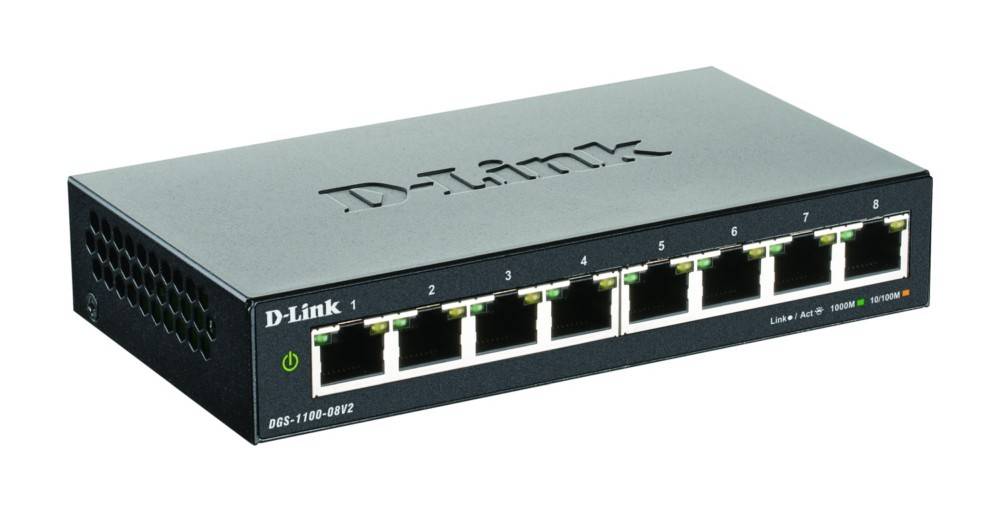 Ein D-Link Netzwerk-Switch mit acht Ethernet-Ports, nummeriert von 1 bis 8. Die Einschalttaste befindet sich auf der linken Seite und ist mit 'DGS-1100-08V2' beschriftet.