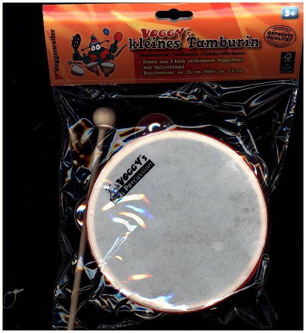 Voggy's kleines Tamburin Tamburin aus Naturholz mit praktischem Griffloch und angefasster Fellauflage, strapazierfähiges und hygienisches Kunststoff