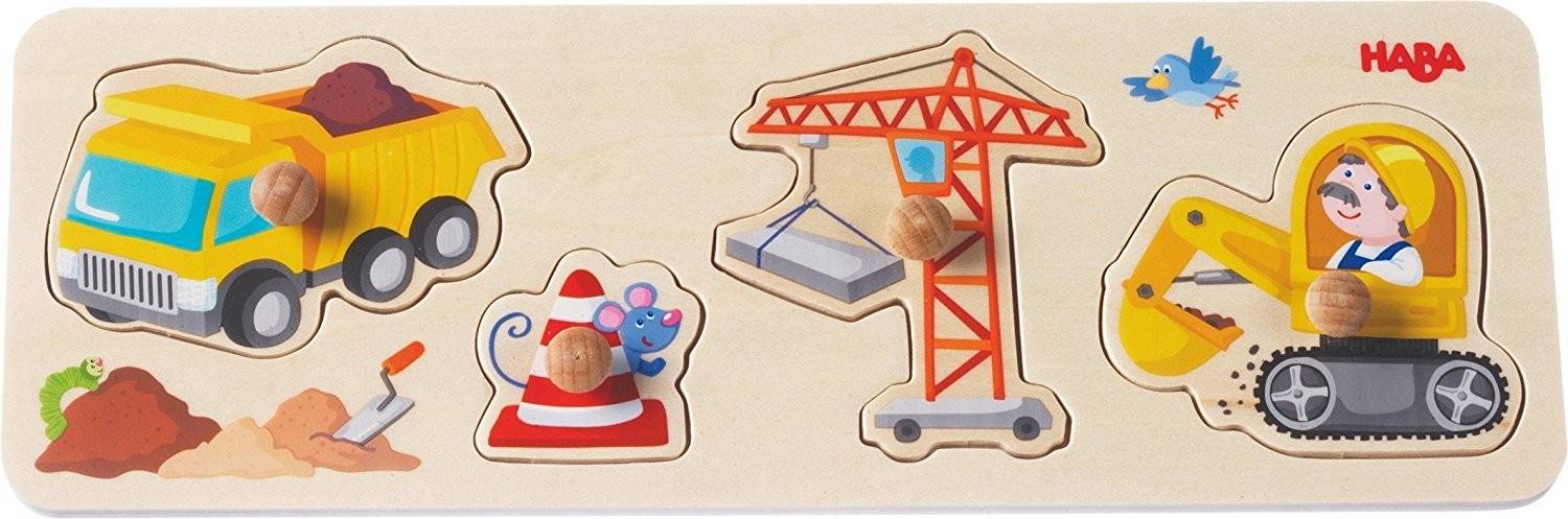 HABA 301943 - Greifpuzzle Auf der Baustelle, 4 Teile Holzpuzzle, 4 Teile mit Greifknöpfen