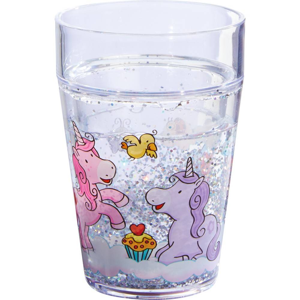 HABA 300468 - Glitzerbecher Einhorn Glitzerglück Bilderbuch aus Holz mit 8 kratzfesten Seiten und abgerundeten Ecken, ab 10 Monate