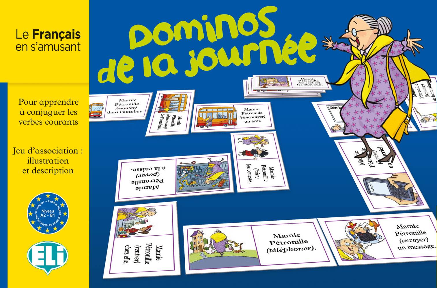 Domino de la journée (Spiel) Pour apprendre a conjuguer les verbes courants. Jeu d'association  : illustration et description. Niveau A2-B1