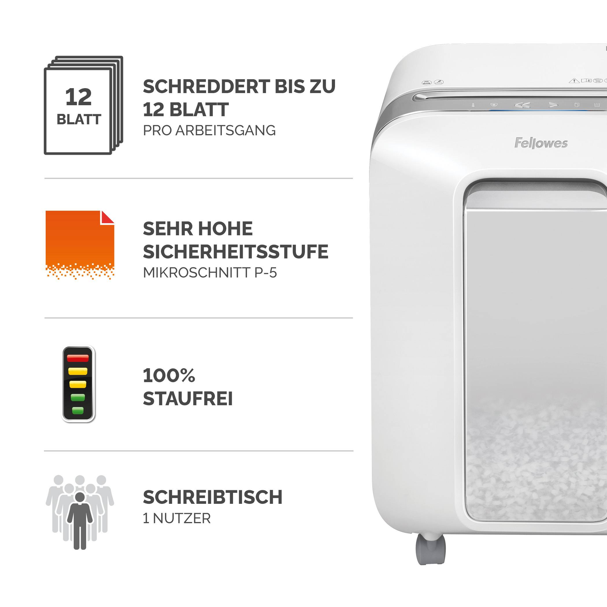 Marketinggrafik eines Fellowes-Aktenvernichters mit einer Kapazität von 12 Blatt, P-5-Mikroschnitt-Sicherheit, 100% garantiert staufrei und für die Verwendung durch einen Benutzer am Schreibtisch.