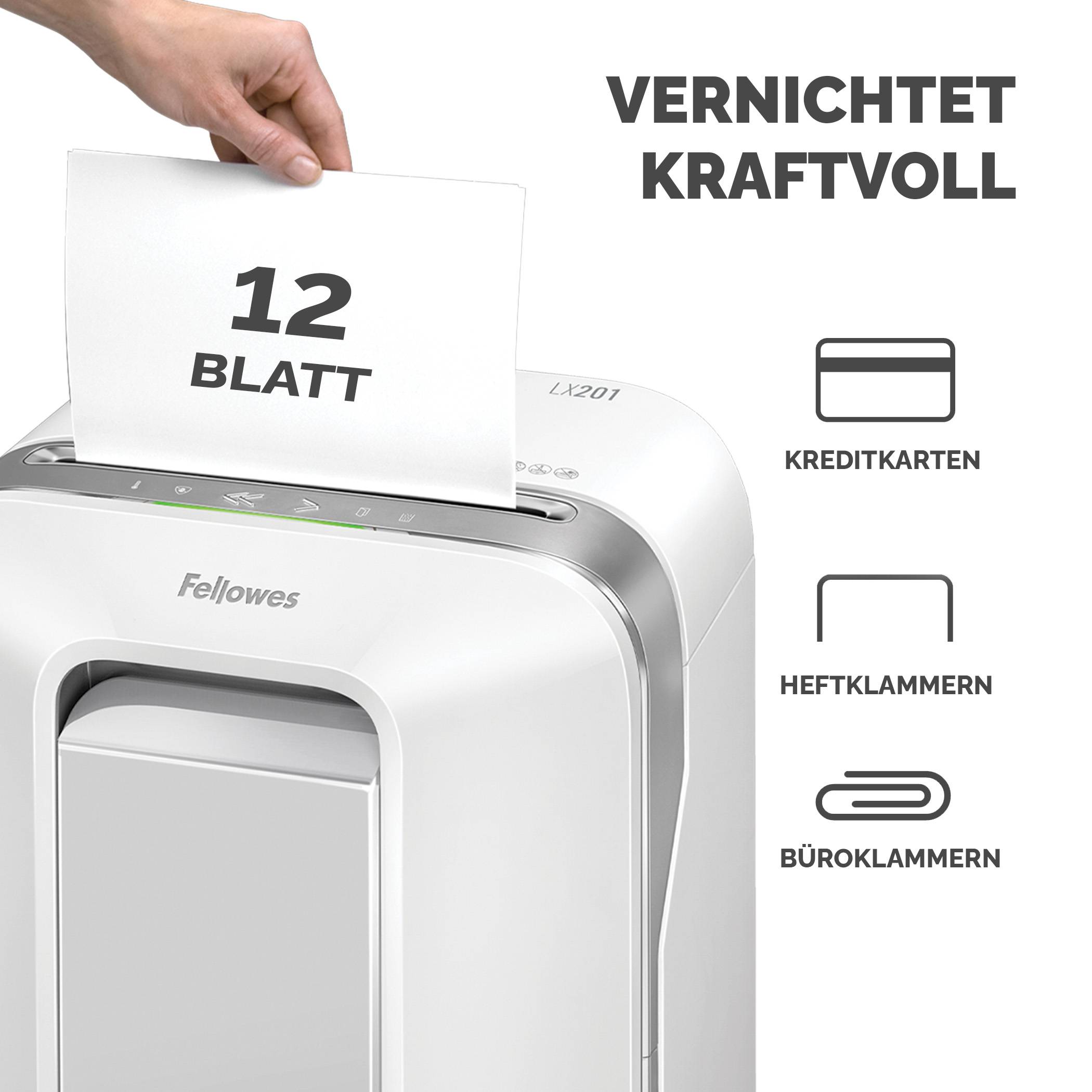 Fellowes Papierschredder vernichtet kraftvoll eine 12-Blatt-Seite; der Text besagt, dass er Kreditkarten, Heftklammern und Büroklammern zerstört.