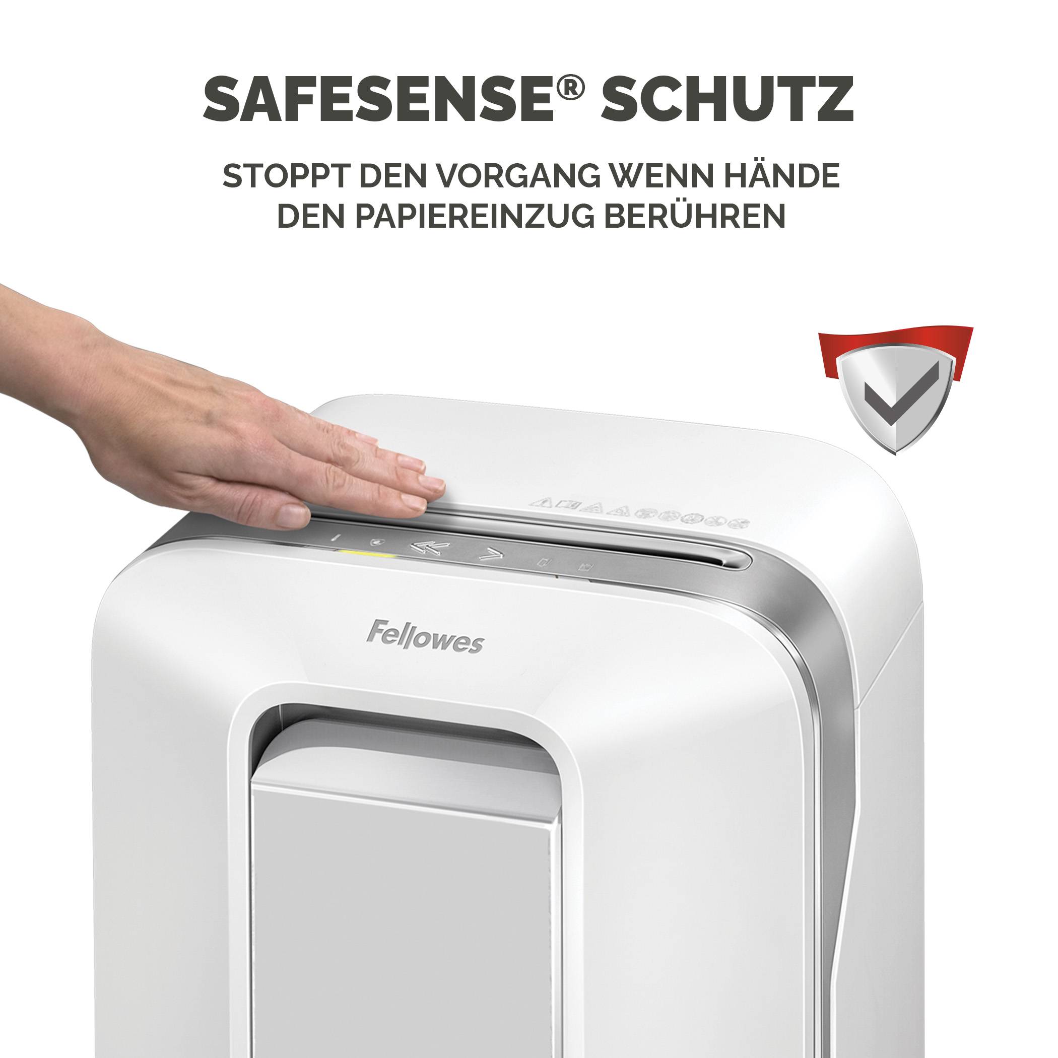 Werbung für Fellowes SafeSense-Schutz: Eine Hand berührt den Papiereingabeschlitz eines Shredders, der stoppt, wenn sich Hände nähern.