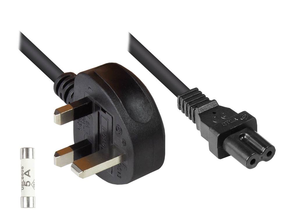 Good Connections® Netzkabel England/UK Netz-Stecker Typ G (BS 1363) an C7/Euro 8 Buchse (gerade),schwarz, 0,75 mm²,1,5 m