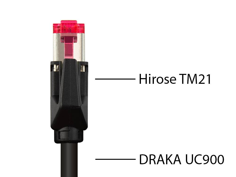 Good Connections® Patchkabel mit Cat. 7 Draka UC900 Rohkabel und Hirose TM21 Stecker, halogenfrei, KUPFER, schwarz, 2m