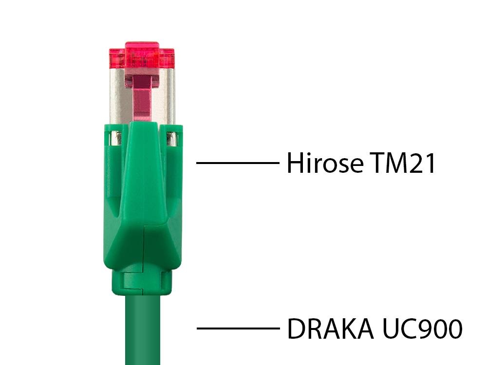 Good Connections® Patchkabel mit Cat. 7 Draka UC900 Rohkabel und Hirose TM21 Stecker, halogenfrei, KUPFER, grün, 15m