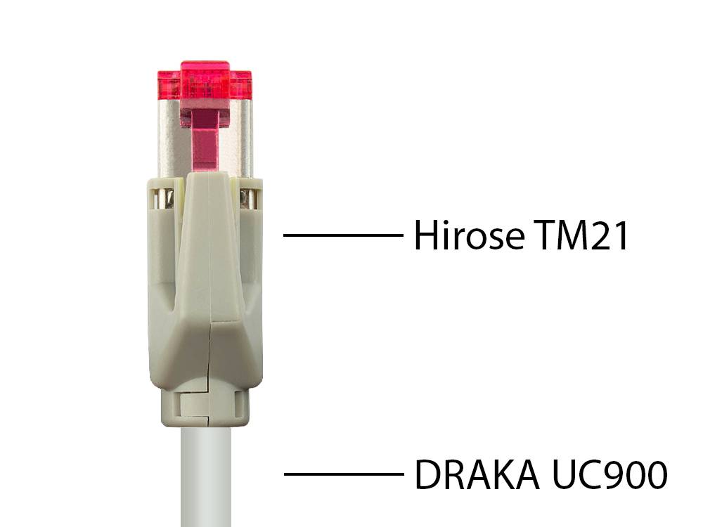 Good Connections® Patchkabel mit Cat. 7 Draka UC900 Rohkabel und Hirose TM21 Stecker, halogenfrei, KUPFER, grau, 20m