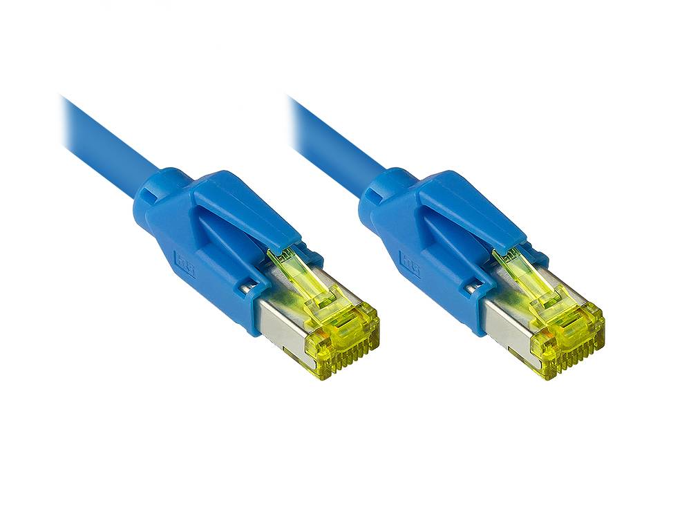 Good Connections® Patchkabel mit Cat. 7 Draka UC900 Rohkabel und Hirose TM21 Stecker, halogenfrei, KUPFER, blau, 0,5m