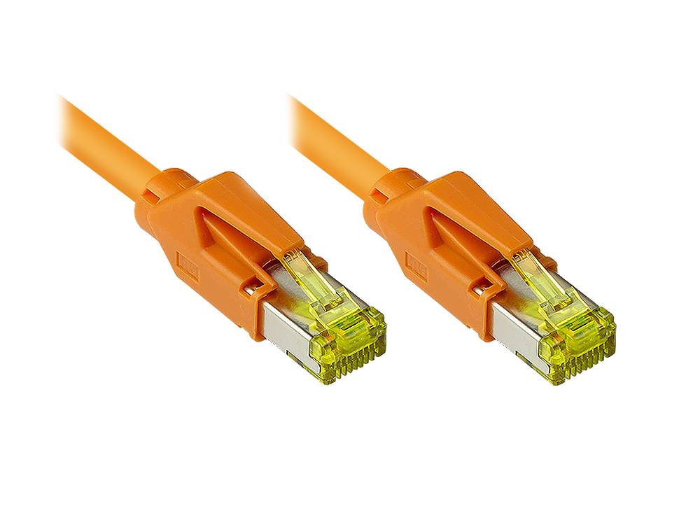 Good Connections® Patchkabel mit Cat. 7 Draka UC900 Rohkabel und Hirose TM21 Stecker, halogenfrei, KUPFER, orange, 0,5m