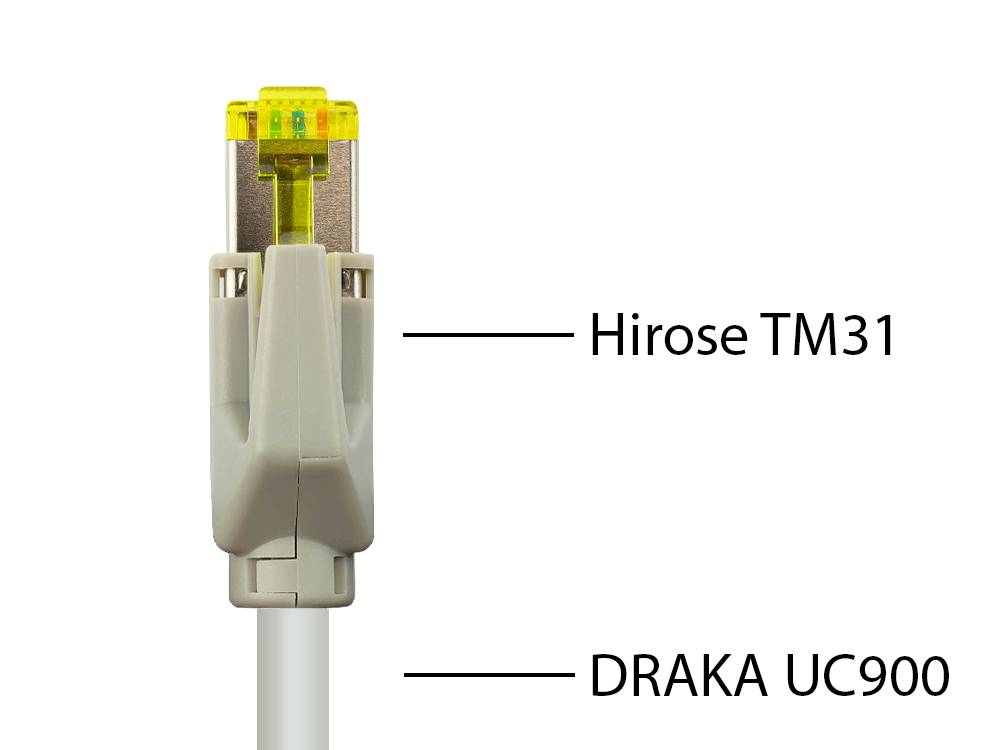 Good Connections® Patchkabel mit Cat. 7 Draka UC900 Rohkabel und Hirose TM21 Stecker, halogenfrei, KUPFER, grau, 1m
