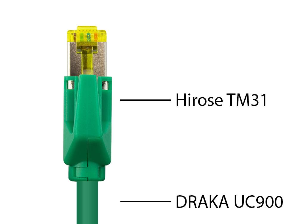 Good Connections® Patchkabel mit Cat. 7 Draka UC900 Rohkabel und Hirose TM21 Stecker, halogenfrei, KUPFER, grün, 1m