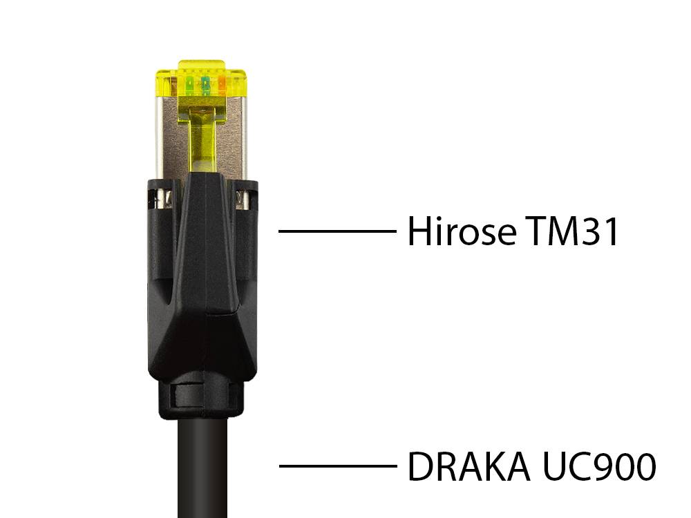 Good Connections® Patchkabel mit Cat. 7 Draka UC900 Rohkabel und Hirose TM21 Stecker, halogenfrei, KUPFER, schwarz, 1m