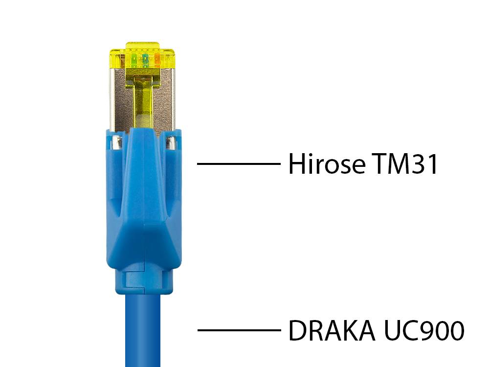 Good Connections® Patchkabel mit Cat. 7 Draka UC900 Rohkabel und Hirose TM21 Stecker, halogenfrei, KUPFER, blau, 2m
