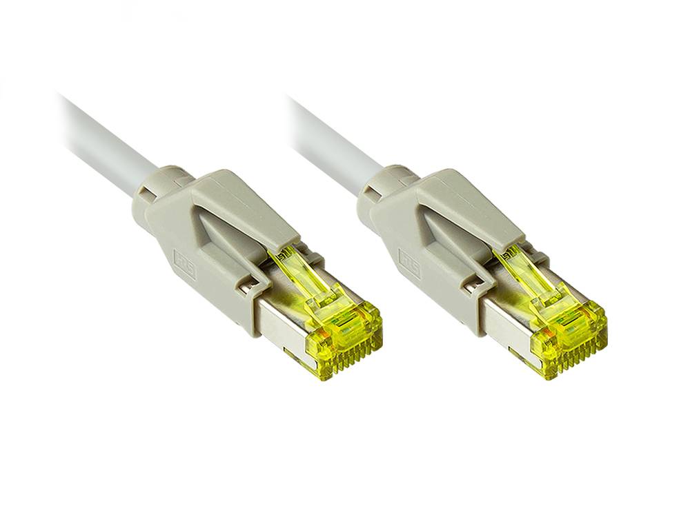Good Connections® Patchkabel mit Cat. 7 Draka UC900 Rohkabel und Hirose TM21 Stecker, halogenfrei, KUPFER, grau, 10m
