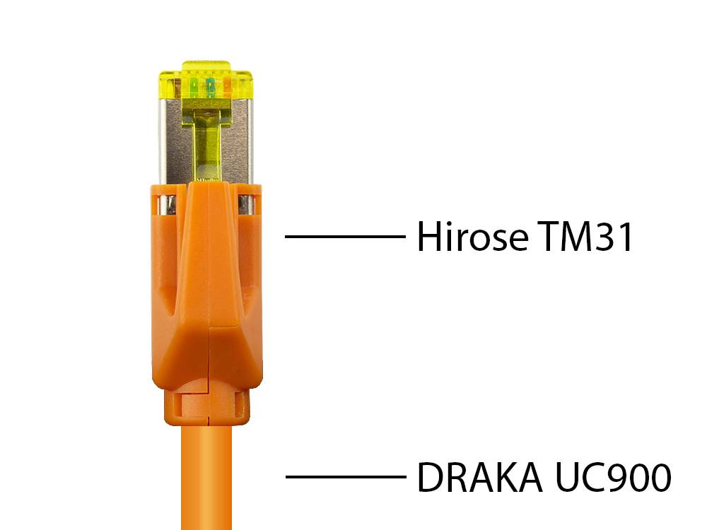 Good Connections® Patchkabel mit Cat. 7 Draka UC900 Rohkabel und Hirose TM21 Stecker, halogenfrei, KUPFER, orange, 10m