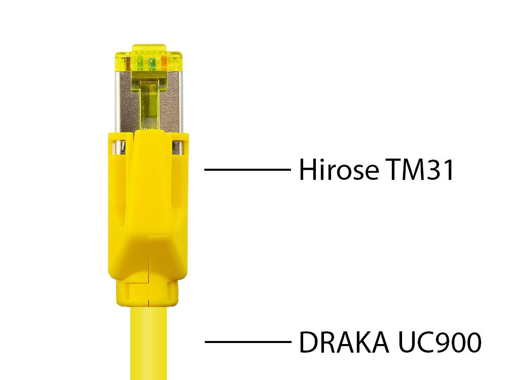 Good Connections® Patchkabel mit Cat. 7 Draka UC900 Rohkabel und Hirose TM21 Stecker, halogenfrei, KUPFER, gelb, 15m
