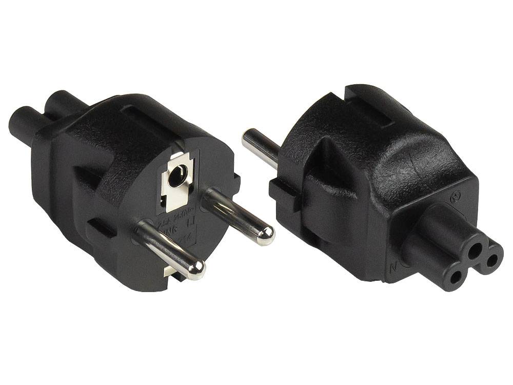 Kabelmeister® Stromadapter Schutzkontakt-Stecker Typ E+F (CEE 7/7, gerade) an Kleeblatt-Buchse C5 (gerade), schwarz