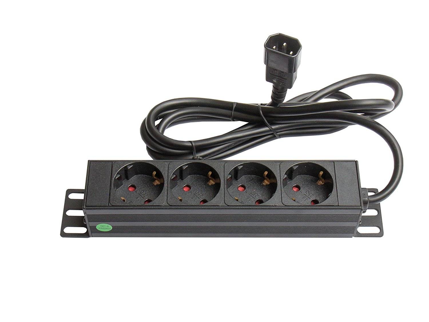 Kabelmeister® 10" Steckdosenleiste, 1HE, Kaltgeräte-Stecker C14 an 4x Schutzkontakt-Buchse, Aluminiumprofil, schwarz