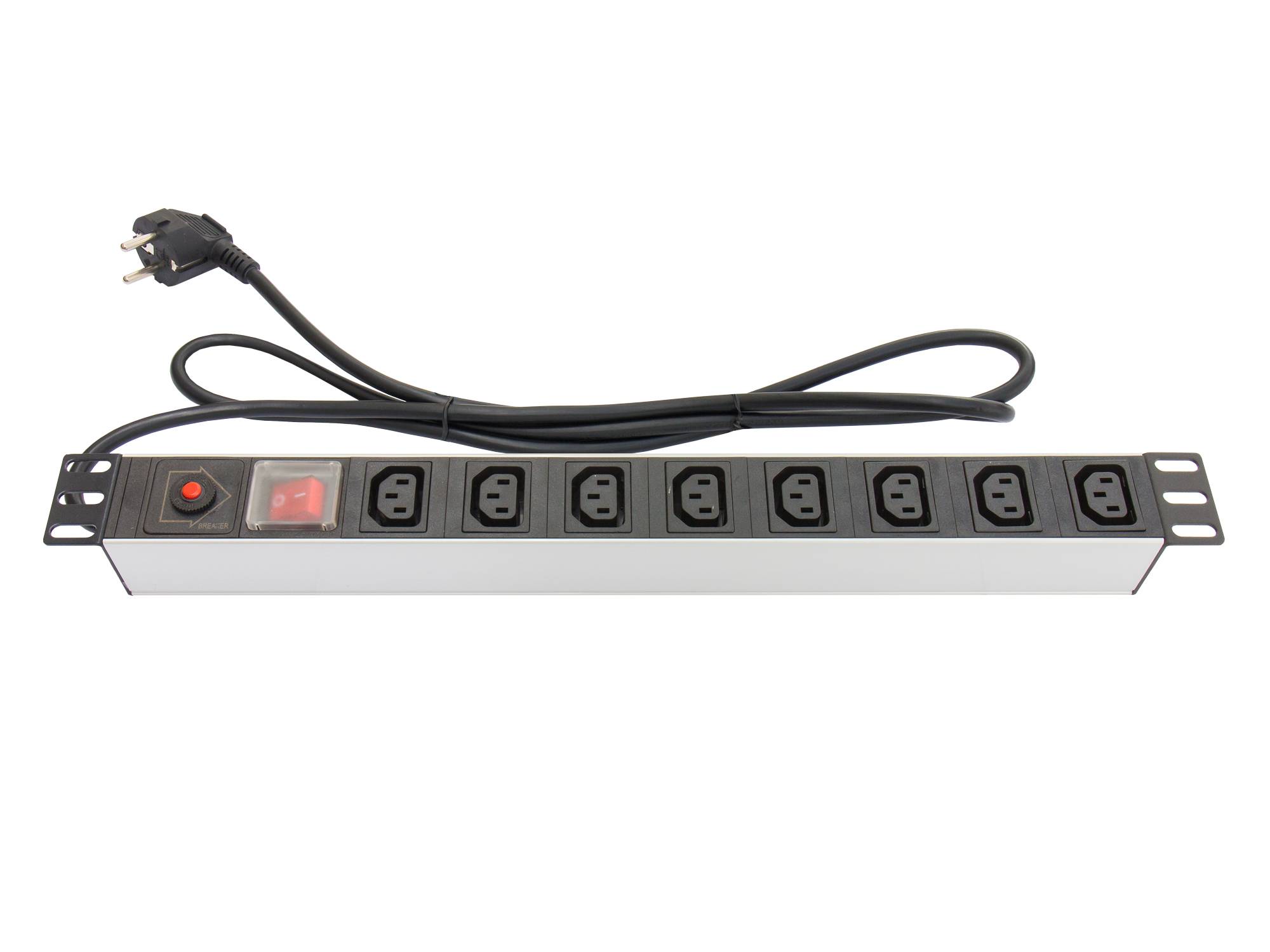 Kabelmeister® 19" Steckdosenleiste, 1HE, Schutzkontakt-Stecker an 8x C13 Kaltgeräte-Buchse (10A), mit Schalter, ÜSS