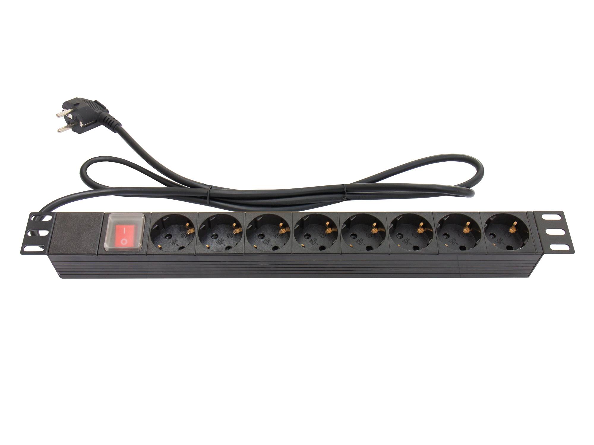 Kabelmeister® 19" Steckdosenleiste, 1HE, Schutzkontakt-Stecker an 8x Schutzkontakt-Buchse, mit Schalter, schwarz,
