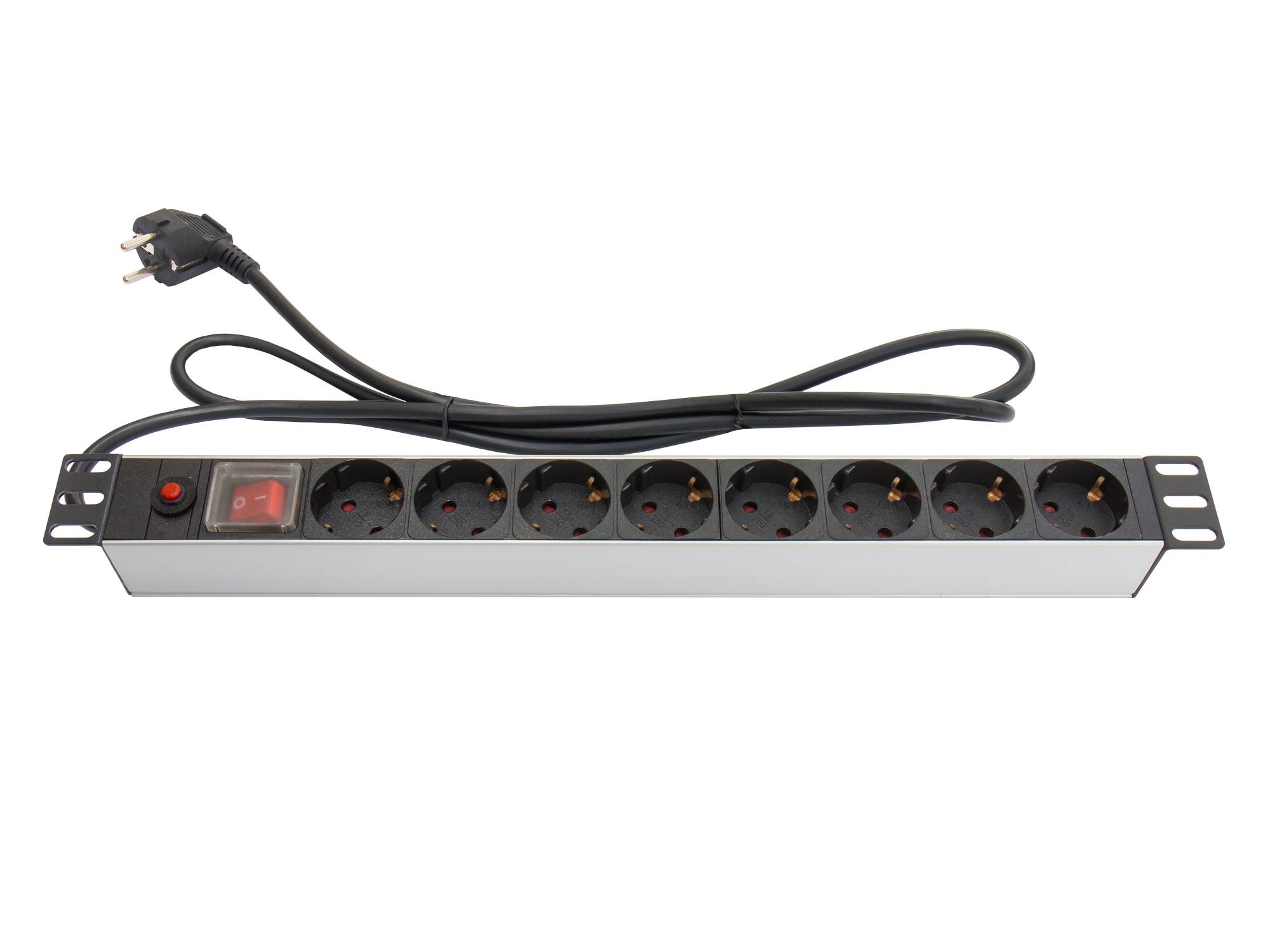 Kabelmeister® 19" Steckdosenleiste, 1HE, Schutzkontakt-Stecker an 8x Schutzkontakt-Buchse, ÜSS, Schalter