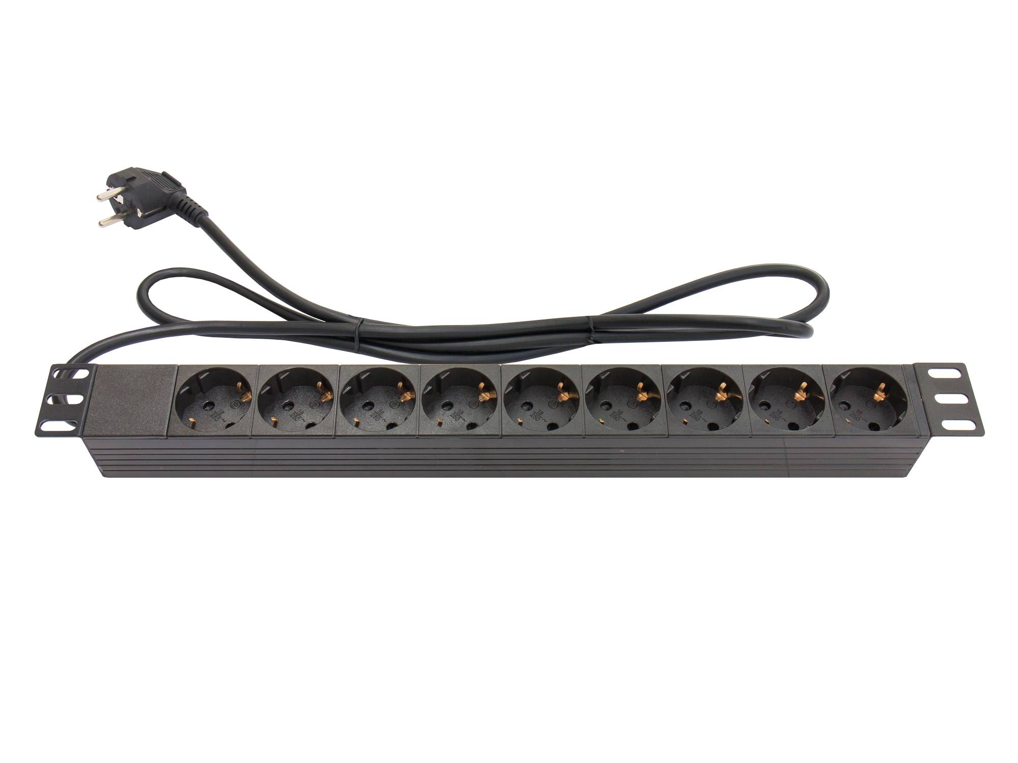 Kabelmeister® 19" Steckdosenleiste, 1HE, Schutzkontakt-Stecker an 9x Schutzkontakt-Buchse, Kunststoffprofil, schwarz