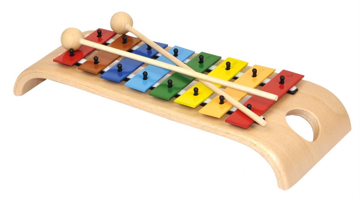 Das wunderschöne Glockenspiel (Holzglockenspiel mit Metallplatten, diatonisch, 2 Schlägel) Glockenspiel aus Buchenholz mit 8 bunten Klangplatten aus