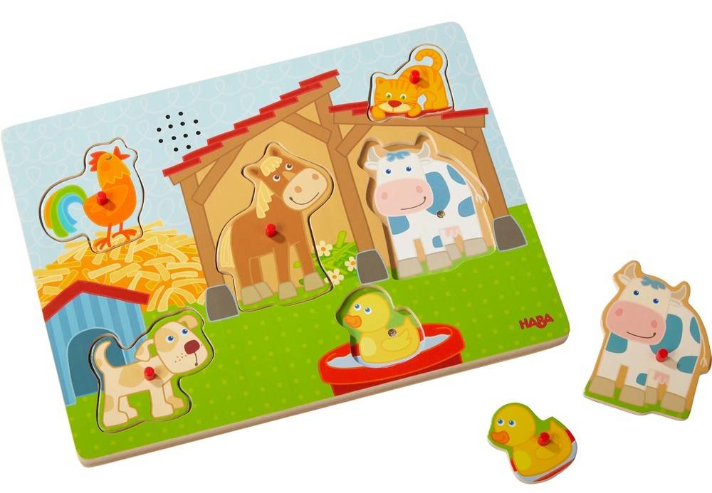 HABA 303179 - Sound-Greifpuzzle, Auf dem Land, Bauernhof, Holzpuzzle mit Tierstimmen, Kinderpuzzle, 6 Teile Holzpuzzle mit Sound und 6 Teilen