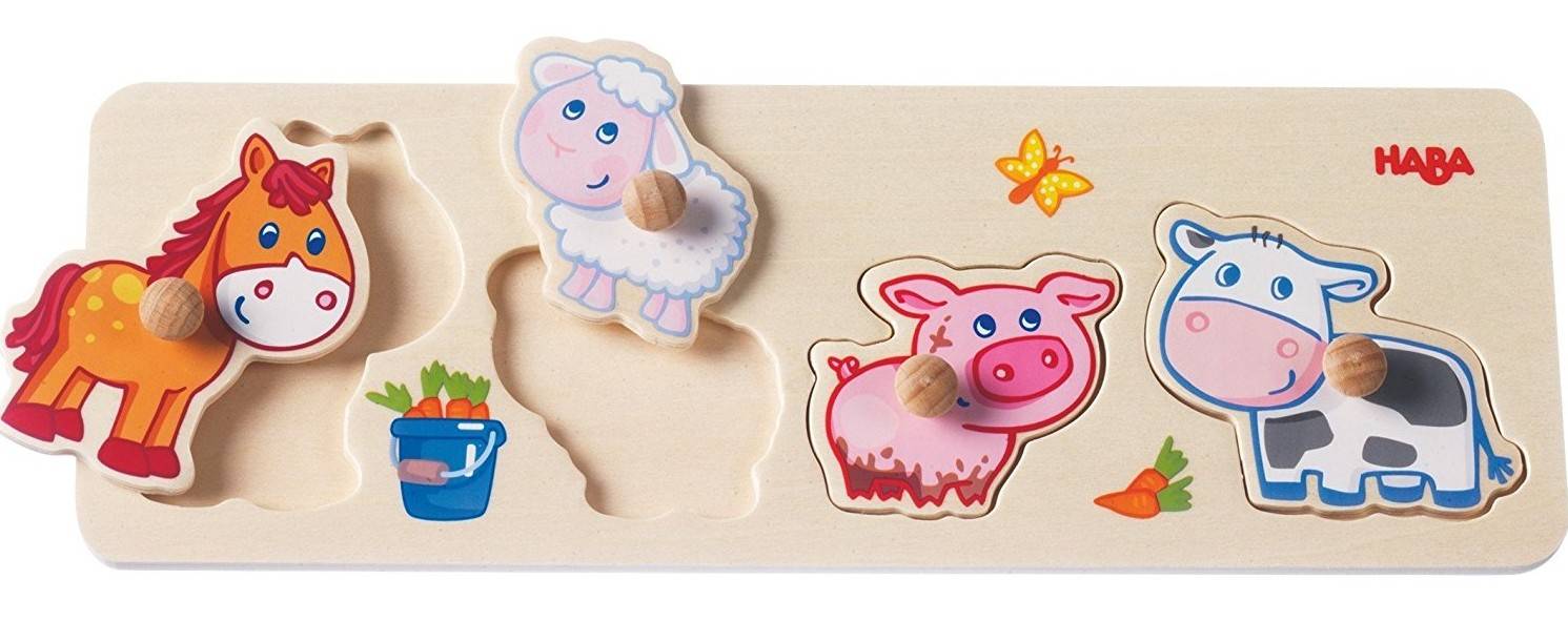 HABA 301939 - Greifpuzzle Bauernhof Tiere, 4 Teile Holzpuzzle, 4 Teile mit Greifknöpfen