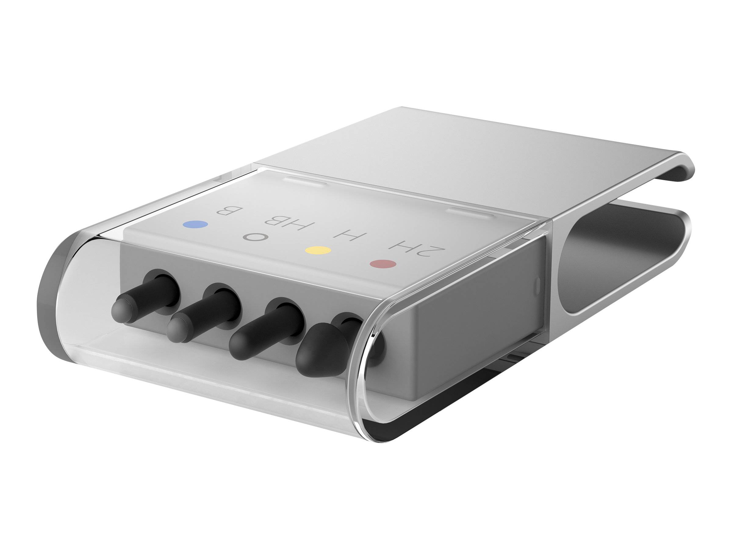 Silber USB-Hub Clip-On-Adapter mit vier schwarzen USB-Anschlüssen und farbigen Anzeigelichtern auf weißem Hintergrund