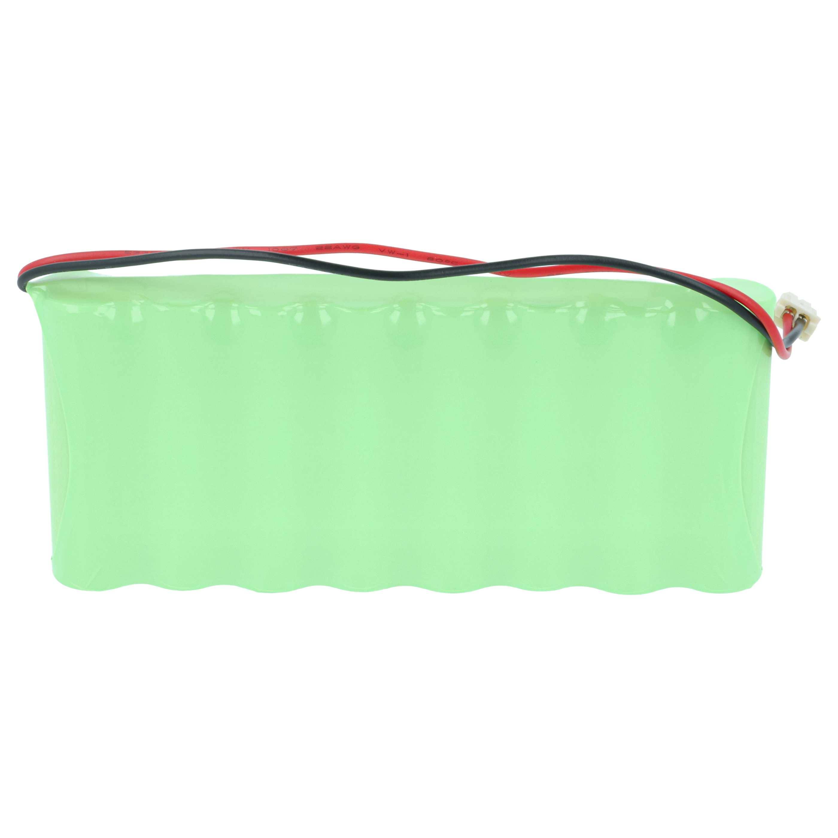 Ein grüner rechteckiger Batteriepack mit roten und schwarzen Kabeln, die von einem Ende abstehen.