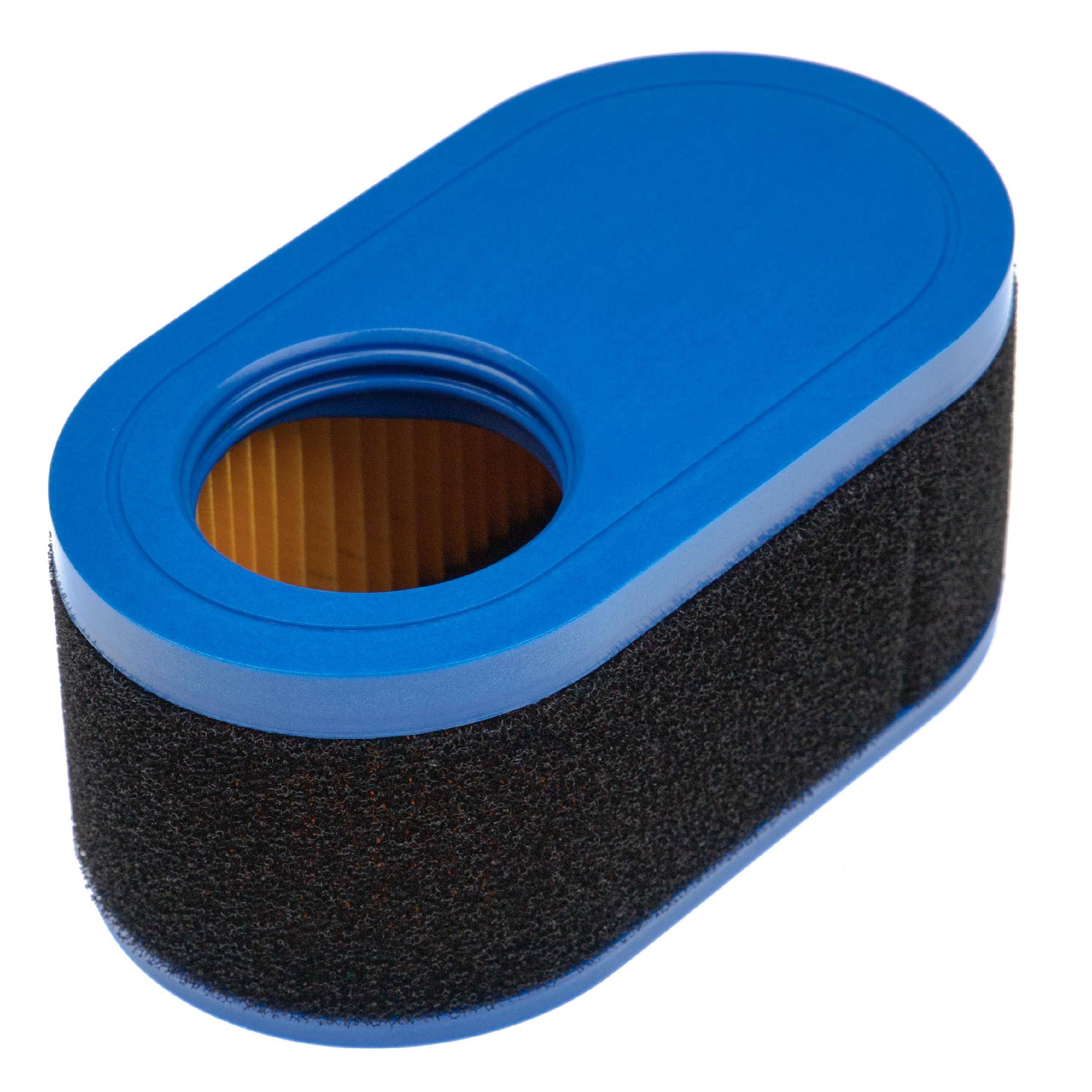 Blauschwarzer ovaler Luftfilter mit einer zentralen Öffnung, die geschichtete Filtrationsmaterialien zur Erfassung von Staub und Partikeln zeigt.