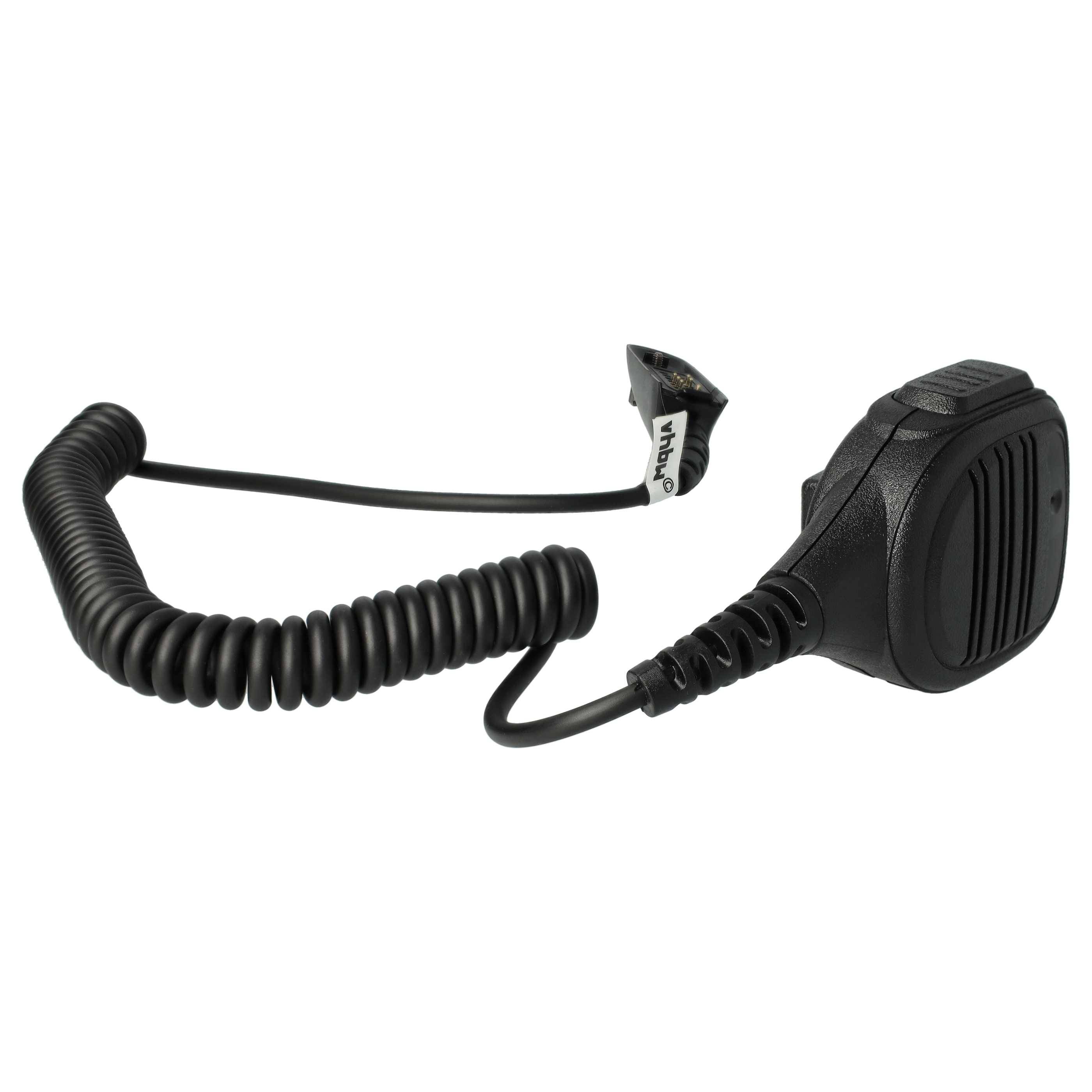 Ein schwarzes tragbares Funkmic mit Spiralenkabel und Klemme, häufig verwendet für Kommunikation in verschiedenen professionellen Umgebungen.