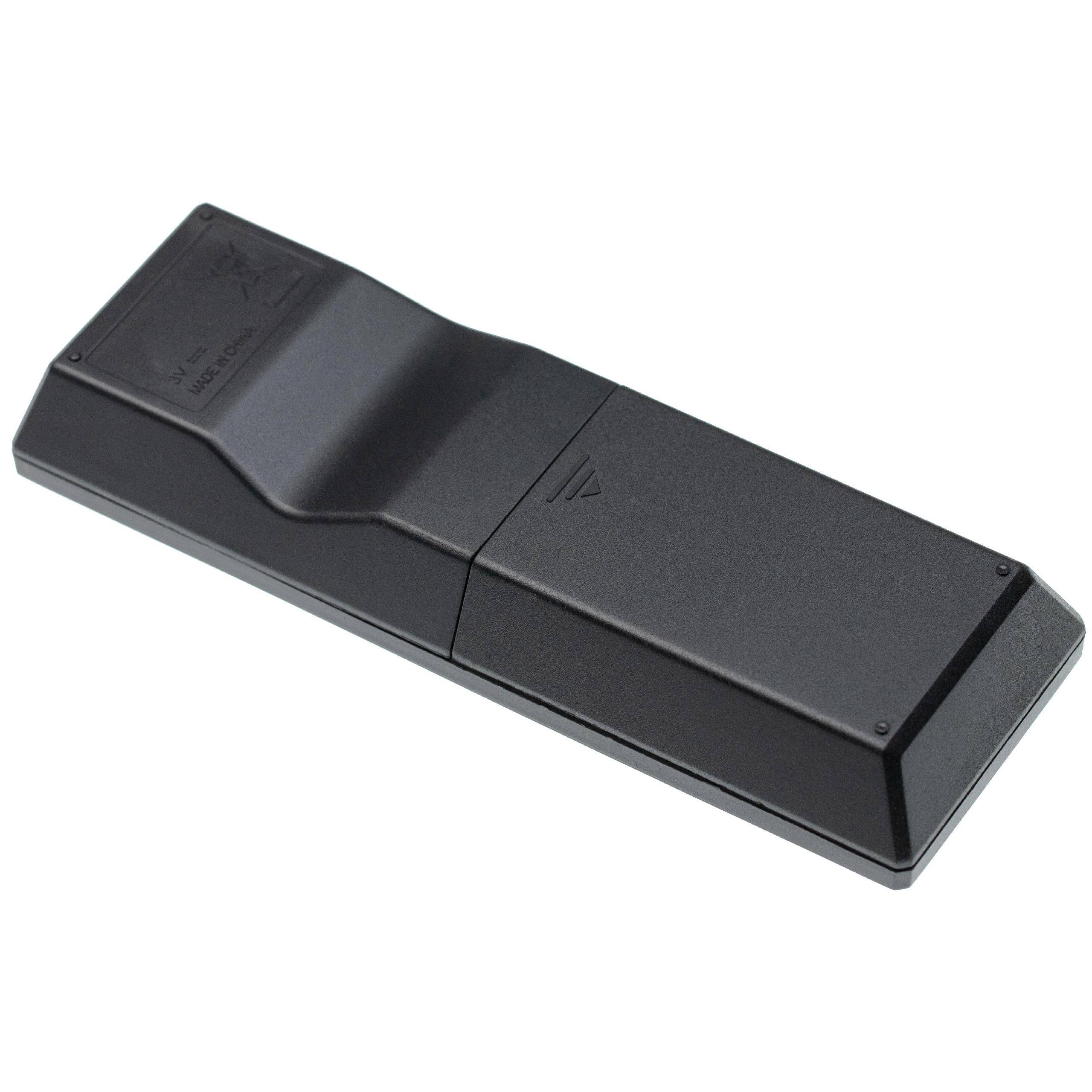 Ein schwarzes, rechteckiges Fernbedienungsgerät mit minimalen Tasten, mit einer strukturierten Fläche zum Greifen, flach auf einem weißen Hintergrund liegend.