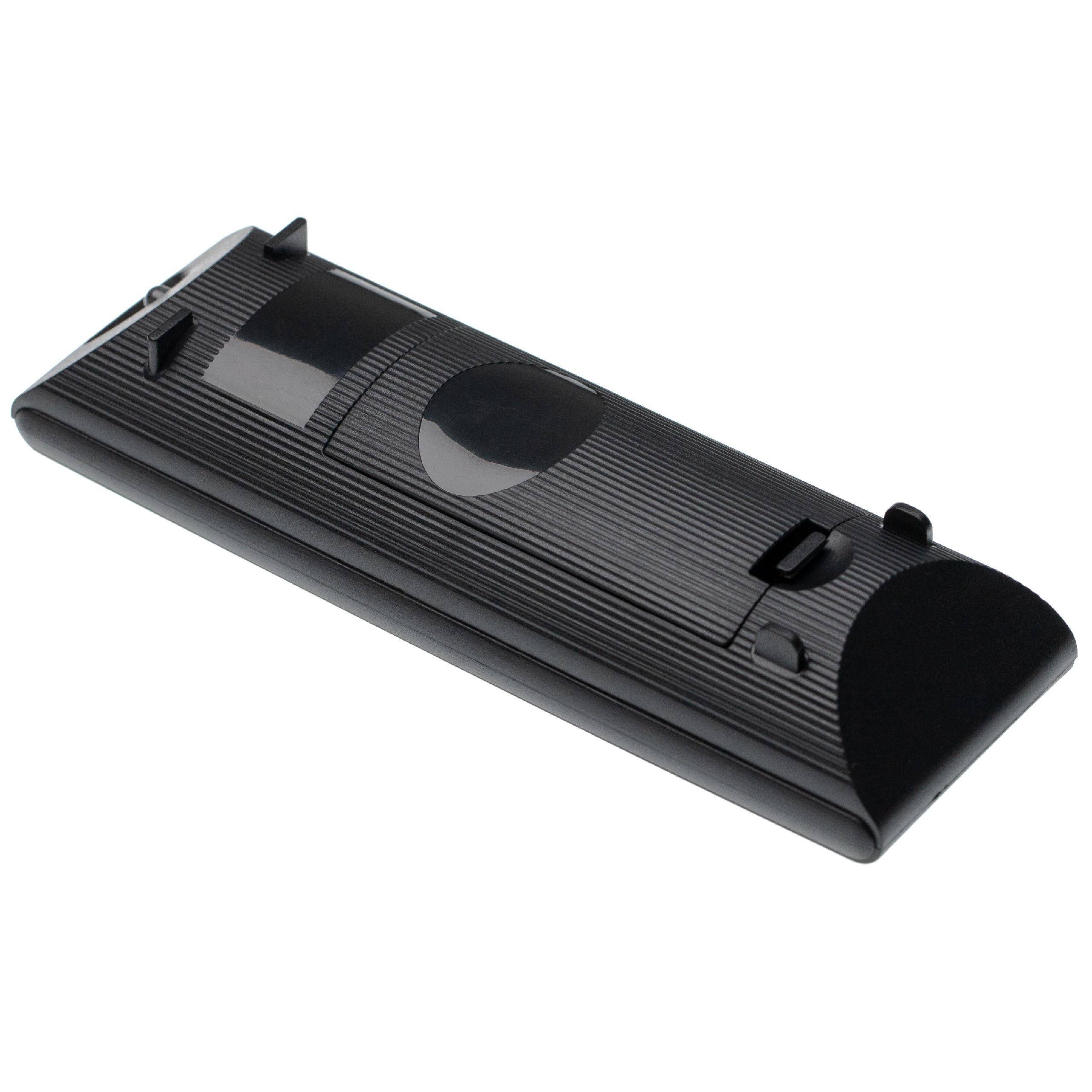 Eine schwarze Fernbedienung mit Nuten und einem Batteriefach, diagonal positioniert.