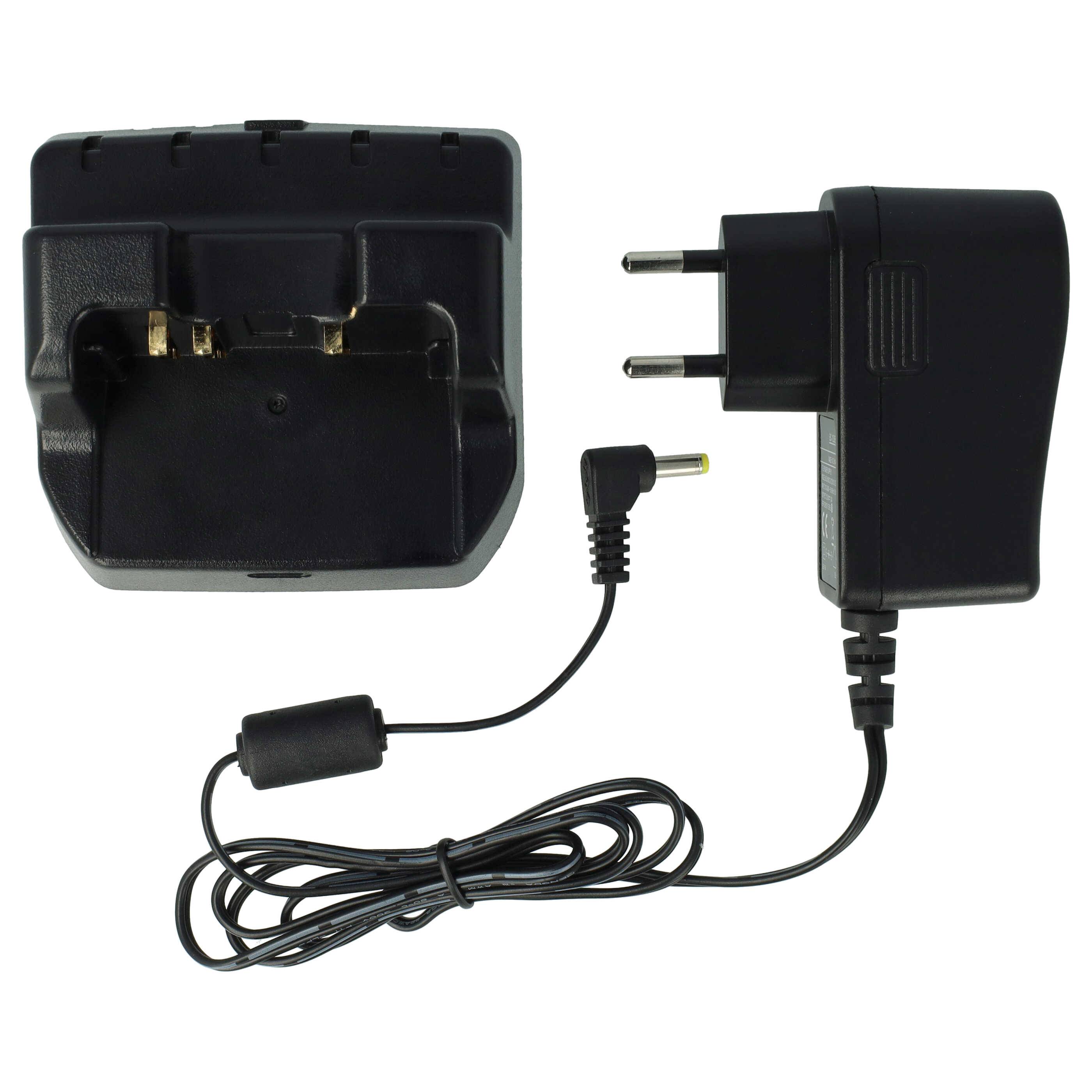 Batterieladegerät mit zwei Steckplätzen, kombiniert mit einem Netzteil mit europäischem Stecker, verbunden durch ein schwarzes Kabel.