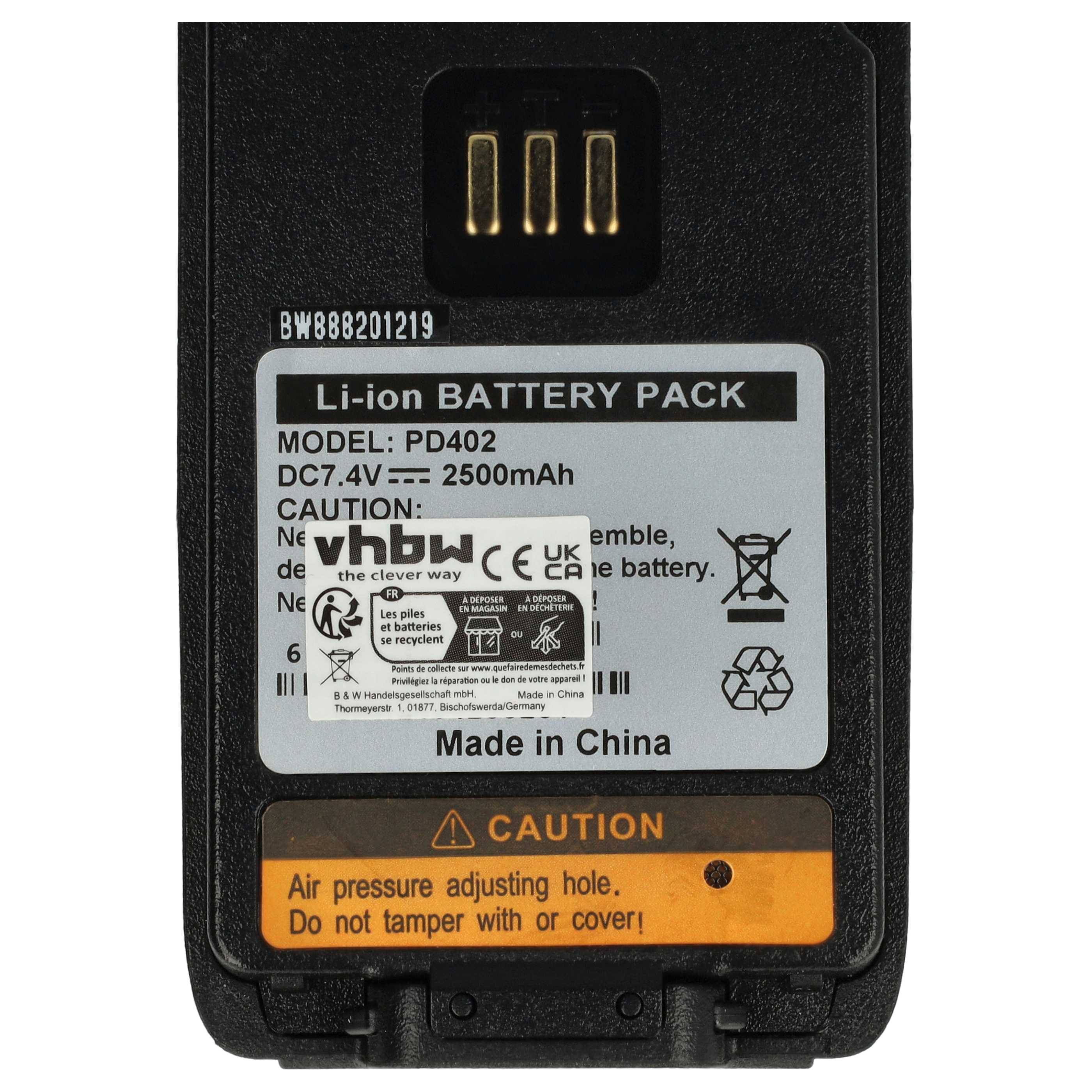 Rückansicht eines Li-Ionen-Akkupacks mit der Bezeichnung „Modell: PD402, DC7.4V, 2500mAh