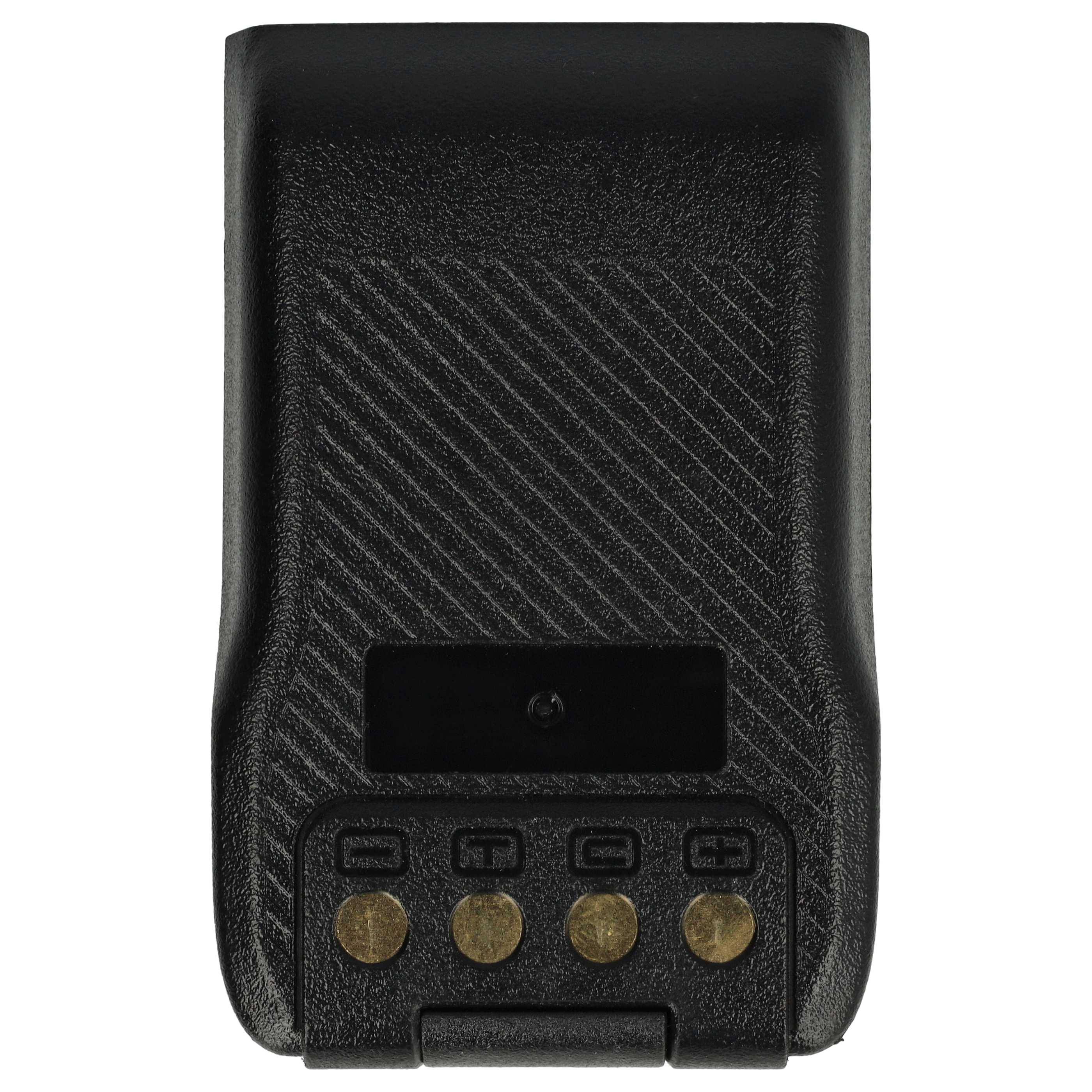 Eine schwarze strukturierte Funkgerätebatterie mit vier Goldkontakten an der Unterseite.