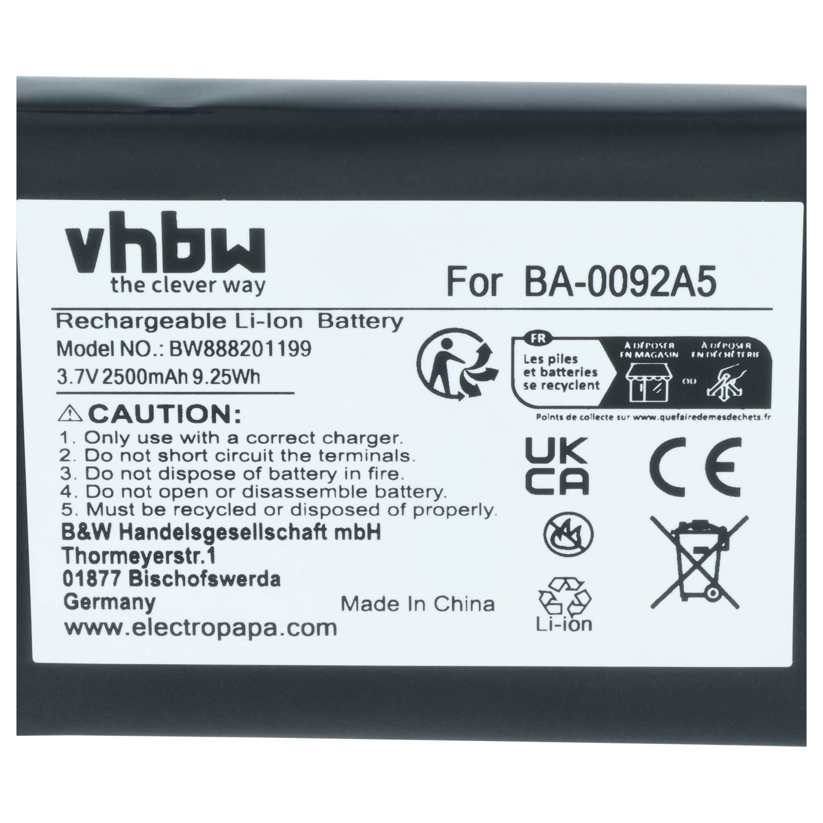 Etikett auf einem wiederaufladbaren vhbw Li-Ionen-Akku für BA-0092A5, zeigt 3,7V 2500mAh 9,25Wh, Sicherheitswarnungen, Recycling-Symbole und Made in China.