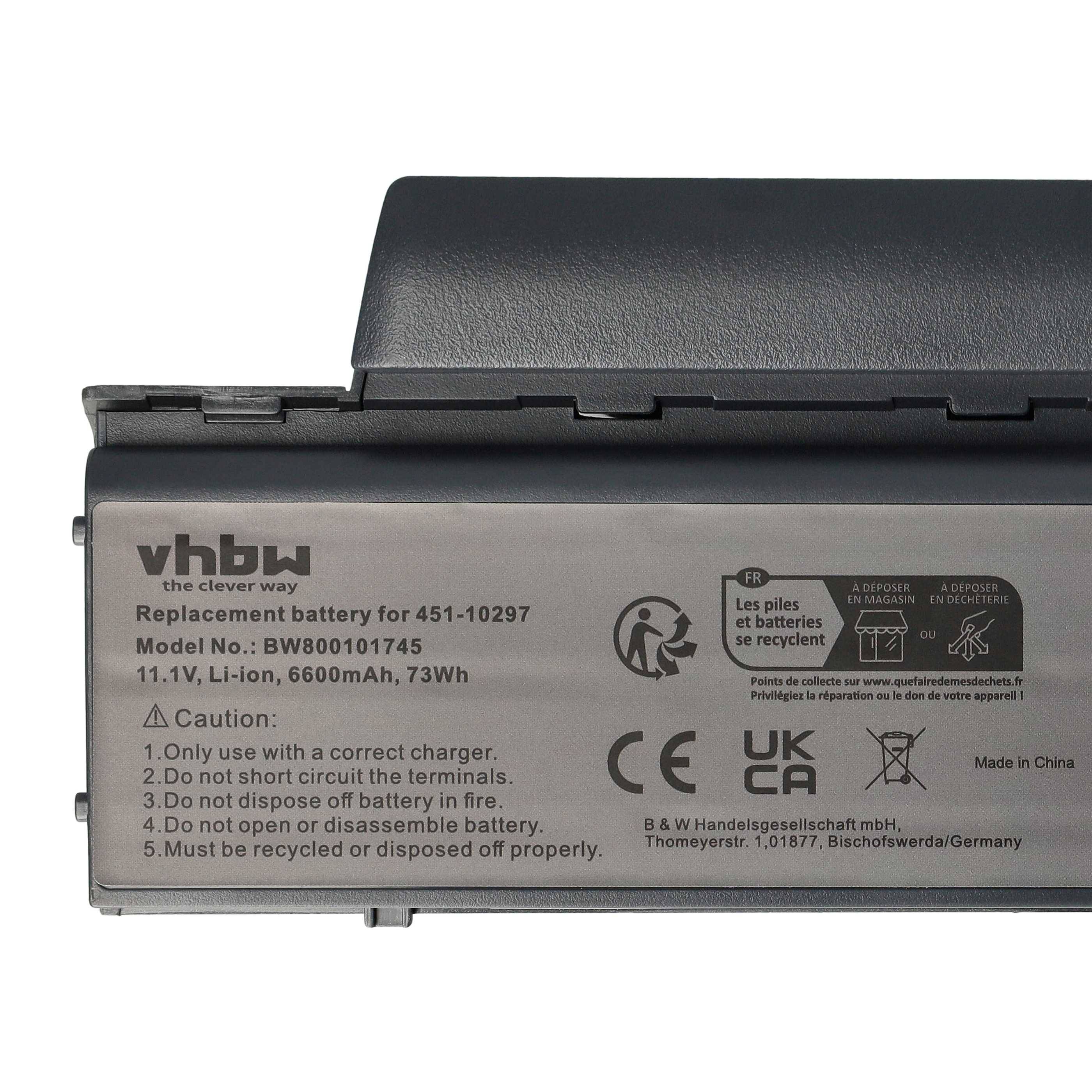 Ersatzbatterie für 451-10297, Modellnummer: BWB0101745, 11,1V, Li-Ion, 6600mAh, 73Wh. Beachten Sie die Sicherheitsvorkehrungen. Hergestellt in Deutschland.