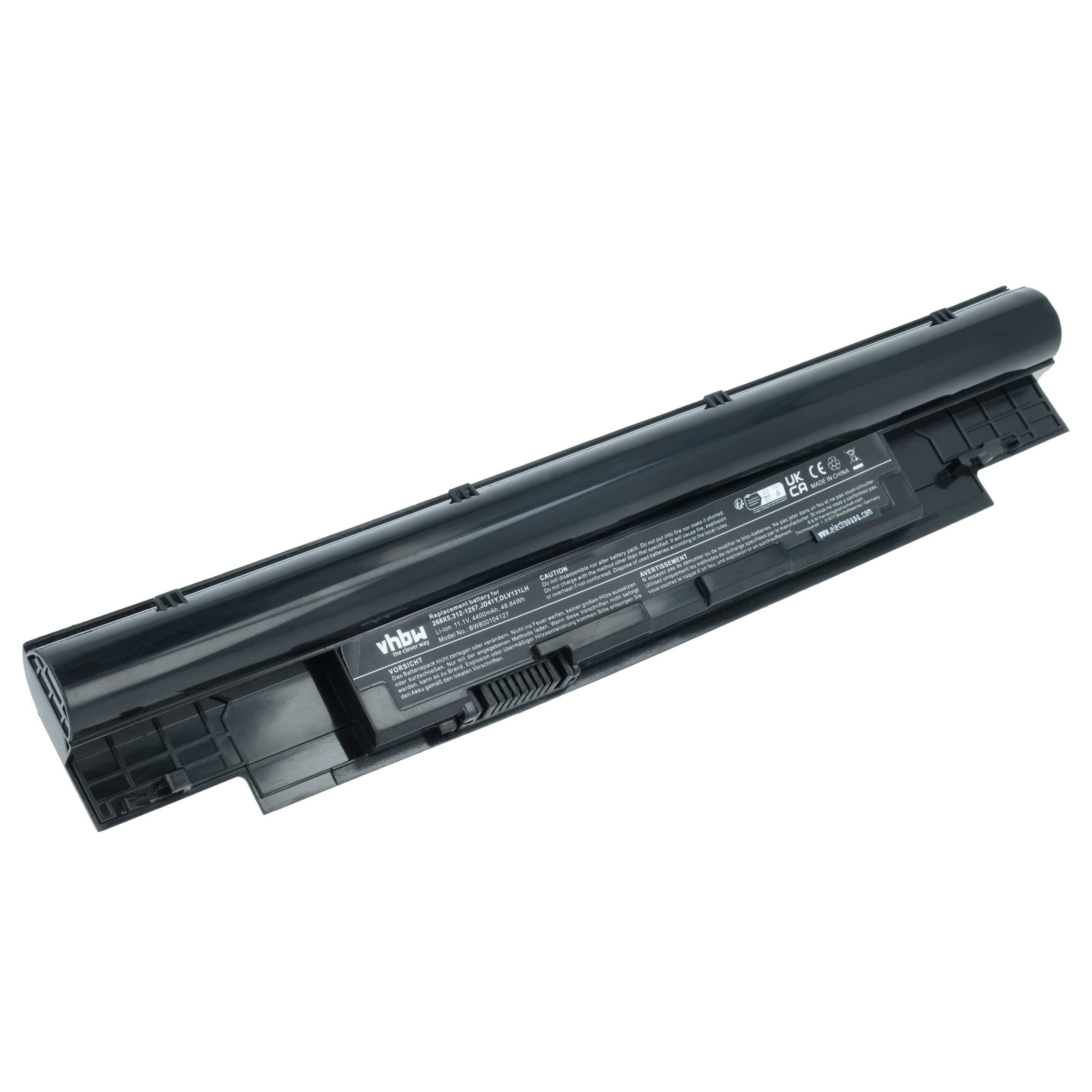 Eine schwarze Ersatz-Laptop-Batterie, rechteckig geformt, mit Text, der Spezifikationen und Kompatibilität auf einer Seite aufgedruckt hat.