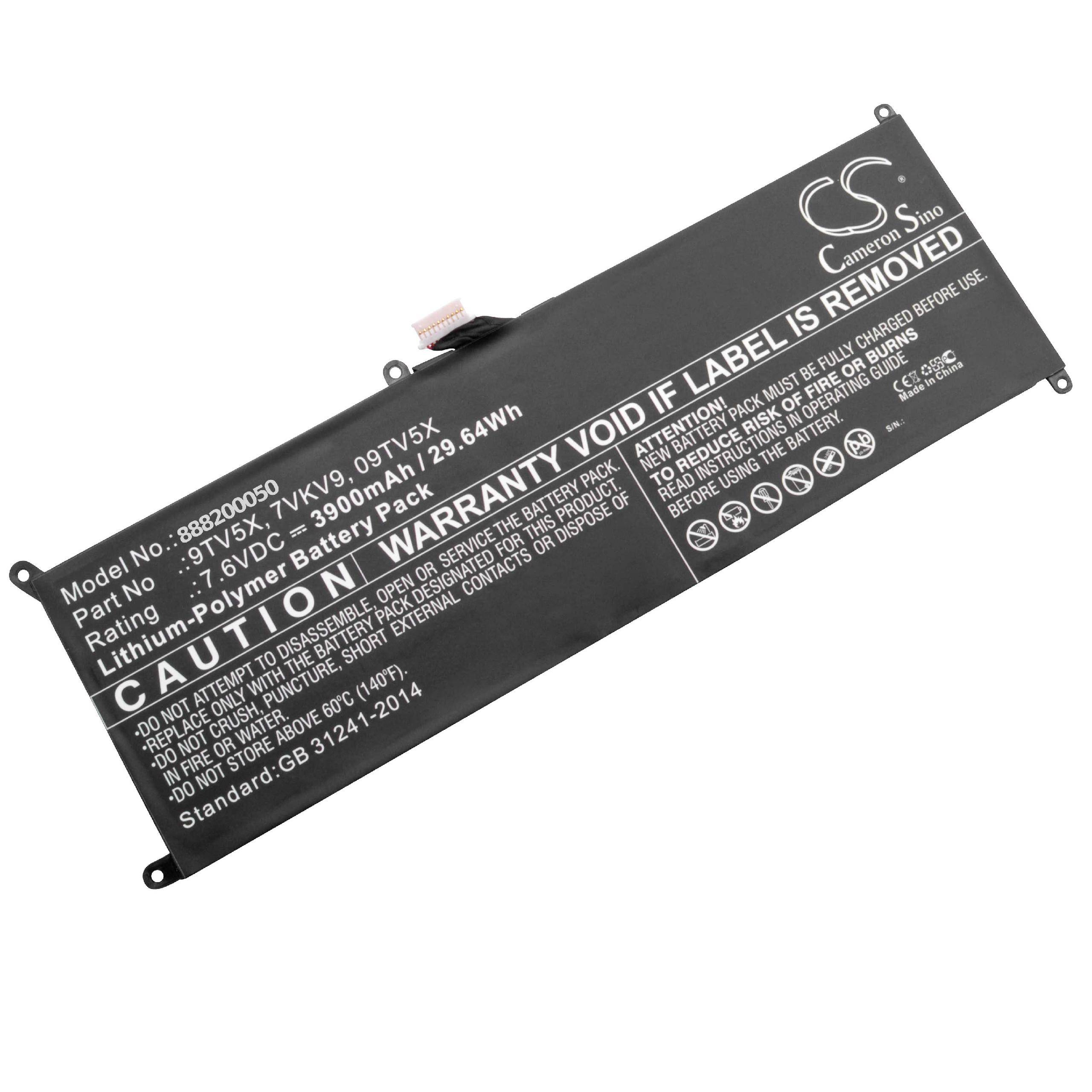 vhbw 1x Akku Ersatz für Dell T02H001, T02H, 0V55D0, 09TV5X, 07VKV9, 9TV5X, 7VKV9 für Notebook (3900 mAh, 7,6 V, Li-Polymer)