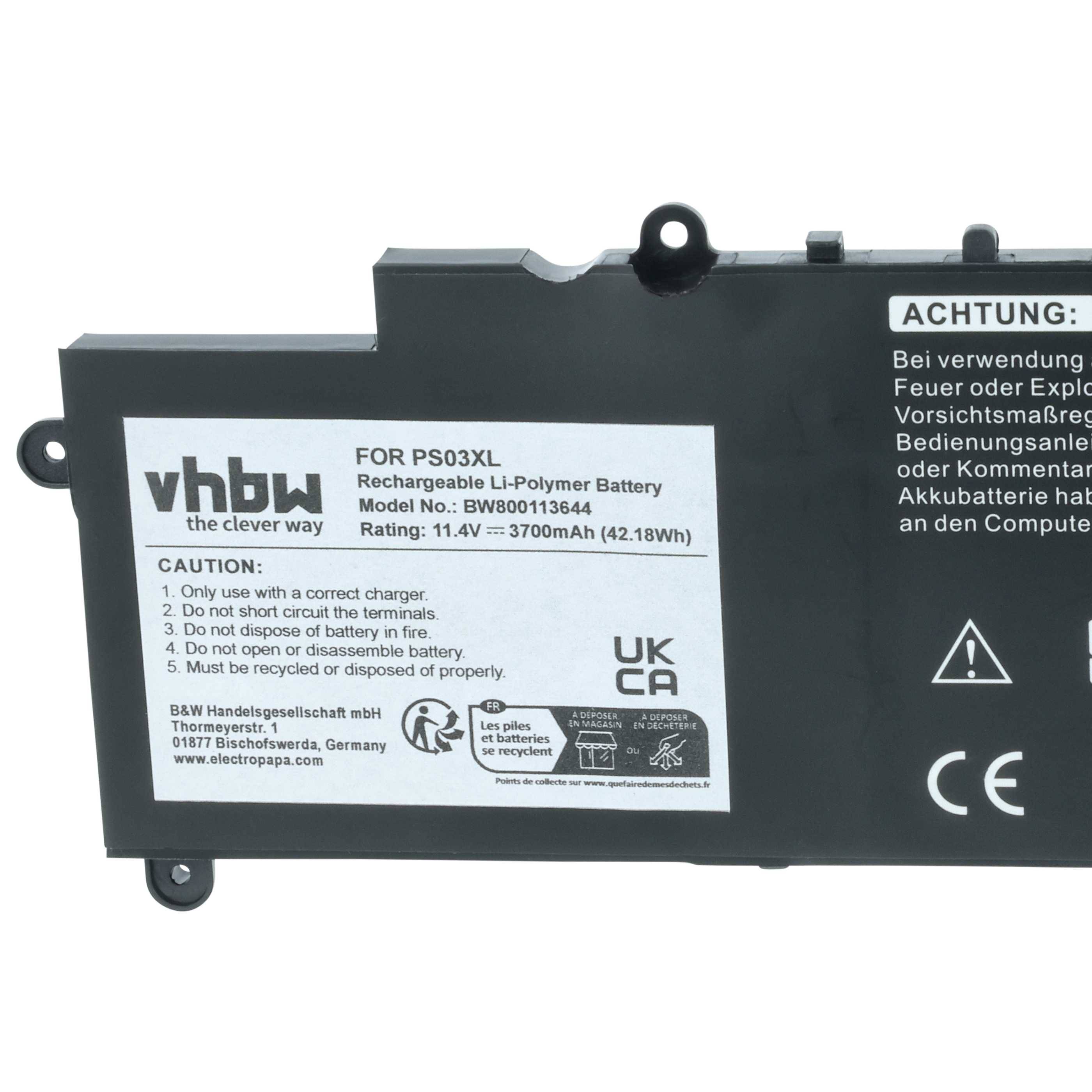 Batterieaufkleber für 'FÜR PS3XL' Li-Polymer-Batterie, 11,1V, 3700mAh. Sicherheitswarnungen und Entsorgungssymbole sind sichtbar.