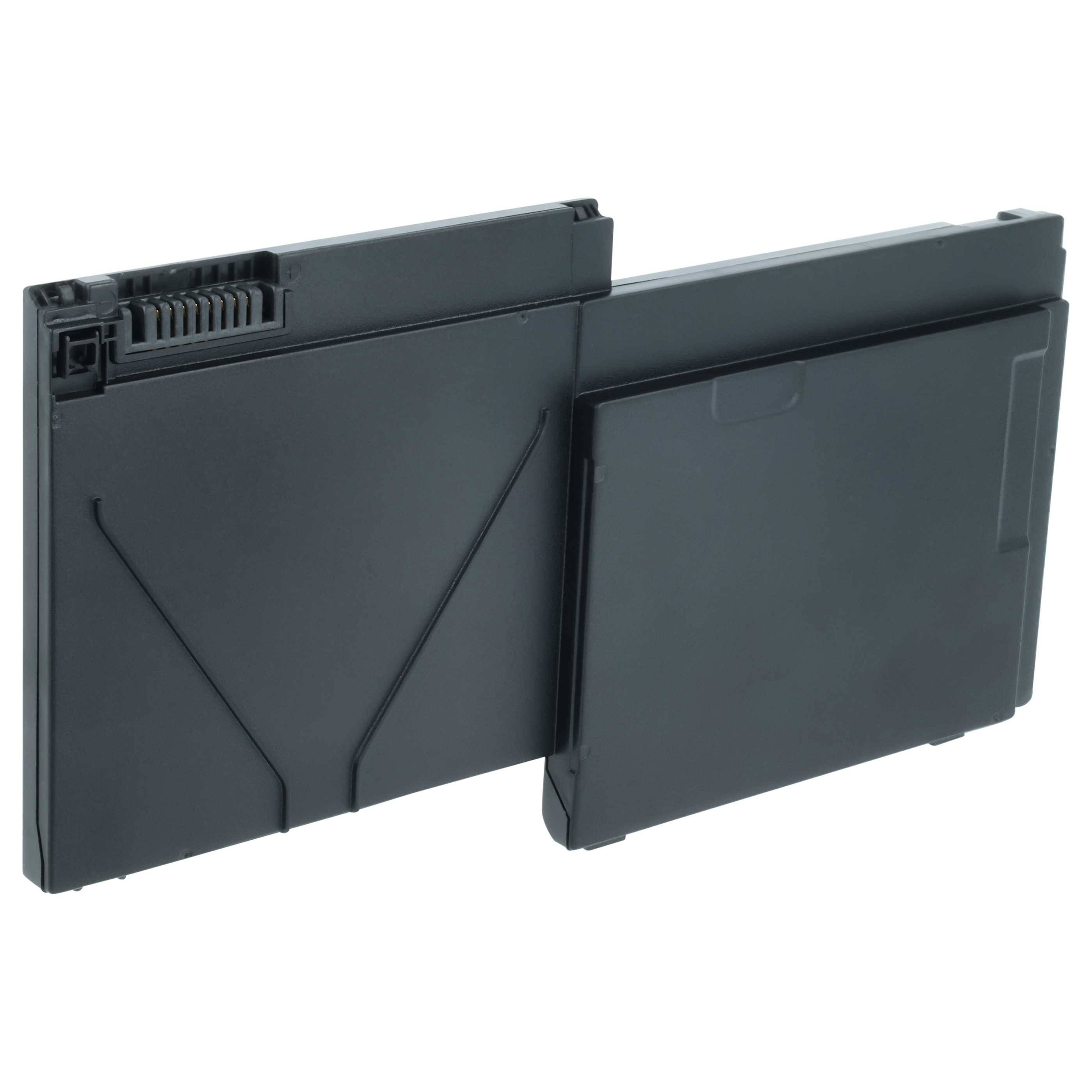 Eine schwarze, rechteckige Laptop-Batterie mit sichtbaren Anschlüssen an einem Ende. Das Design weist eine Ausbuchtung an der Seite und eine geriffelte obere Kante auf.