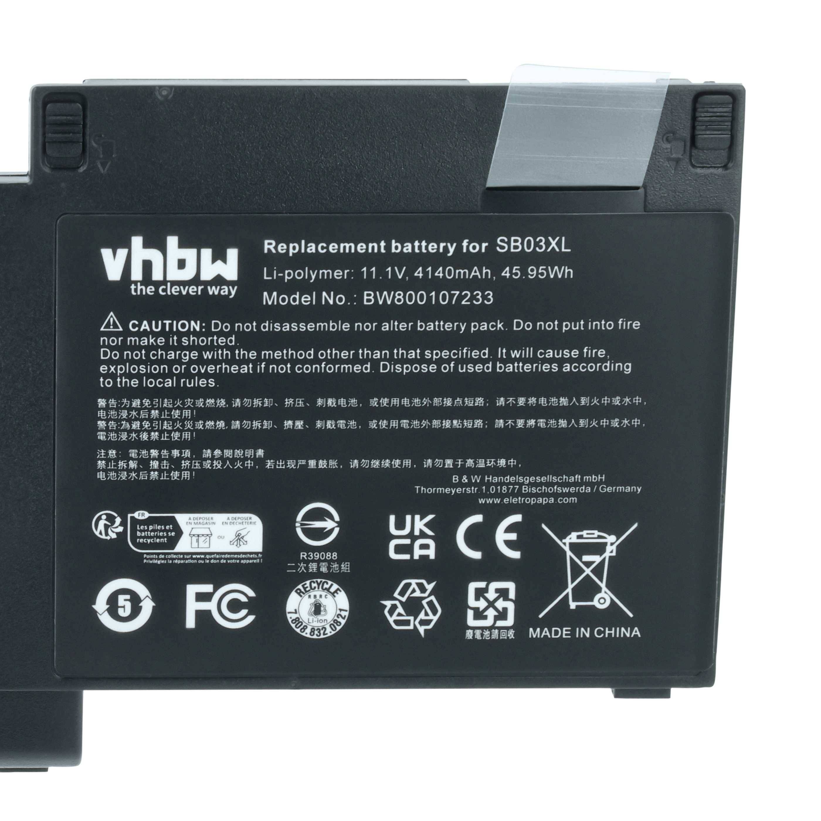 Ersatzakku für SB03XL, Lithium-Polymer, 11,1V, 4140mAh, 45,93Wh. Modell: BW800107233. Warnung zur sachgemäßen Verwendung beachten.