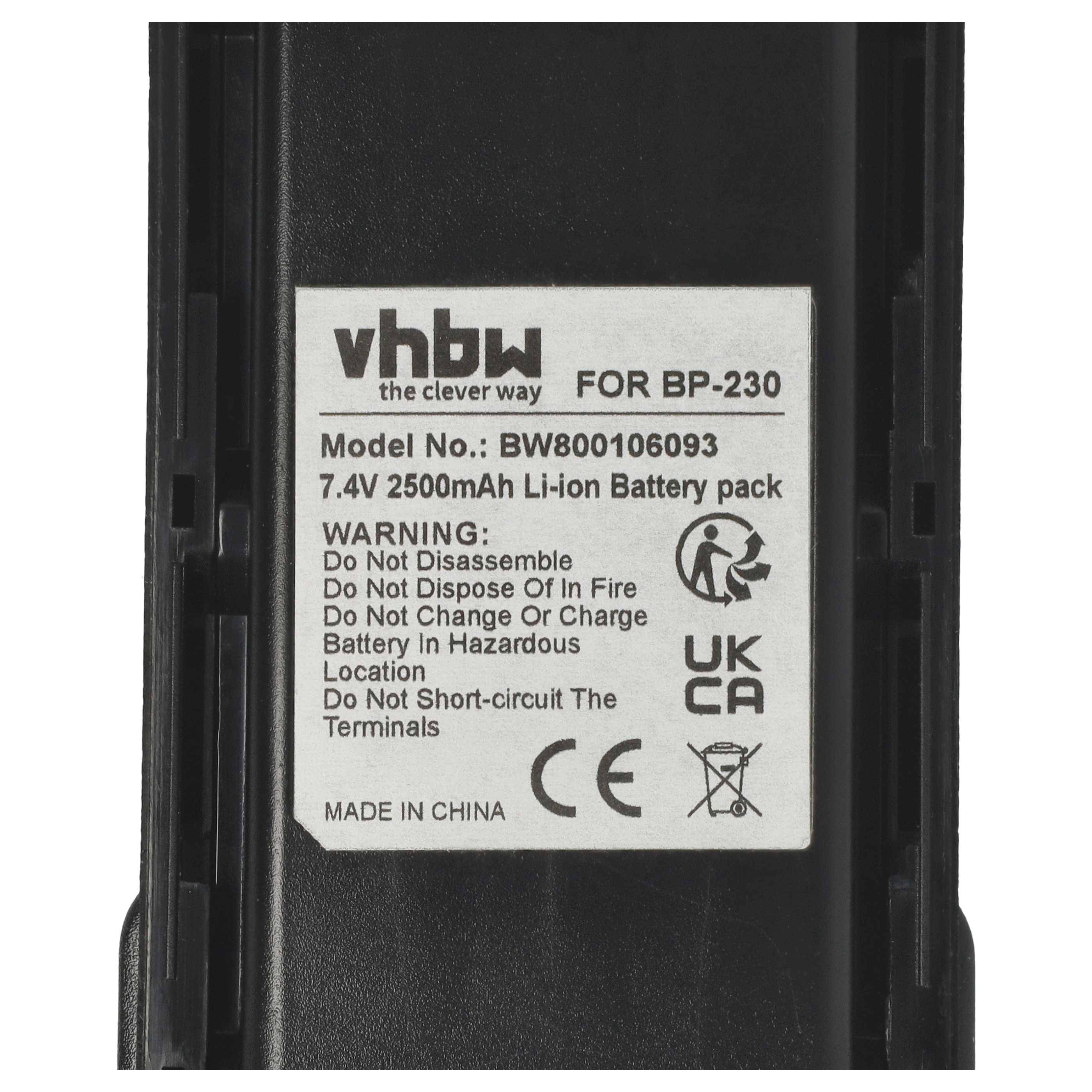 Batteriekennung mit Modell 'BW800106093', 7,4V, 2500mAh Li-Ion. Warnhinweise: Nicht auseinandernehmen, nicht ins Feuer werfen oder in gefährlichen Orten laden. Hergestellt in China.